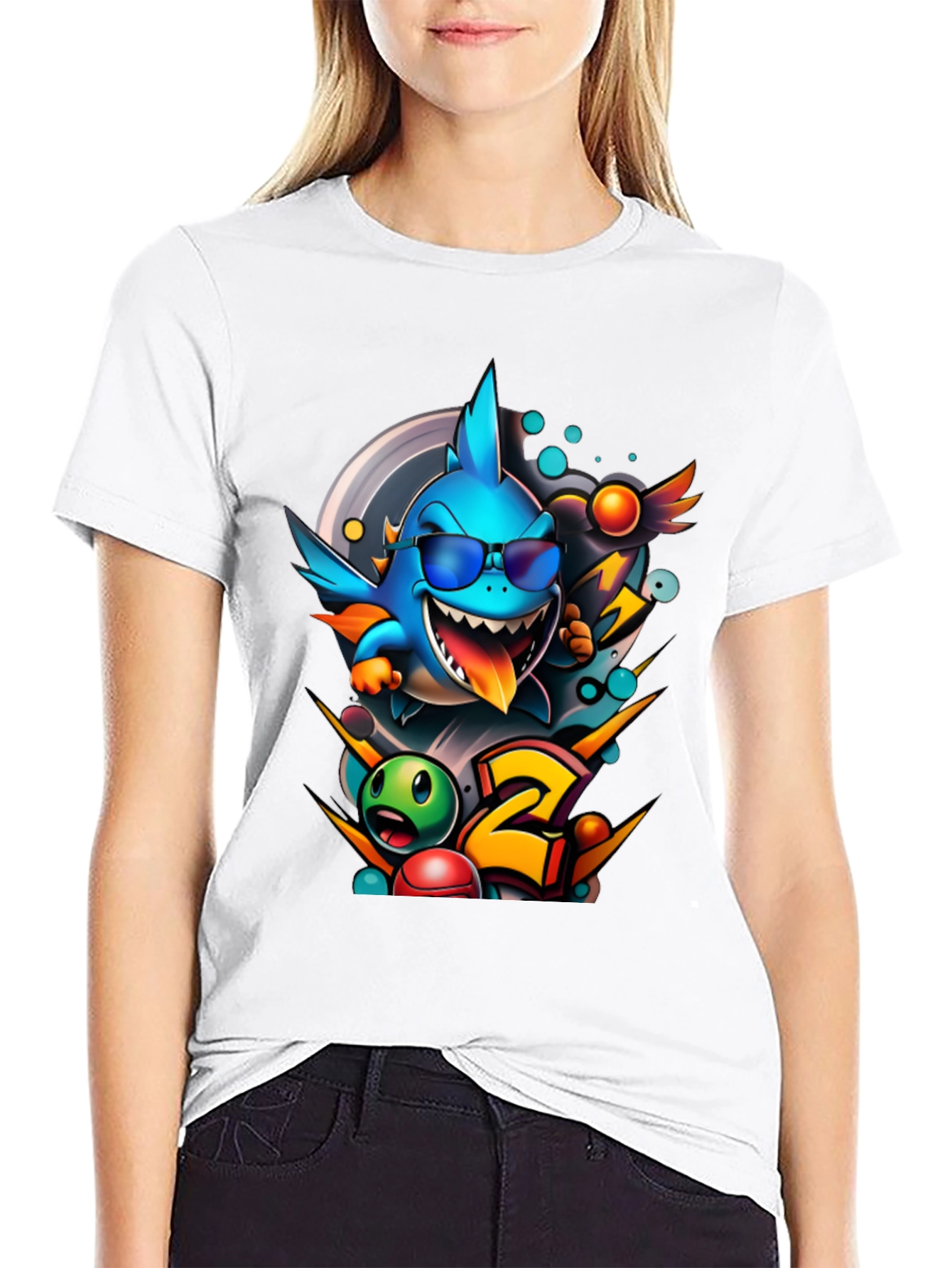 Black Cool Shark Cartoon Graphic Print T-Shirt view 9