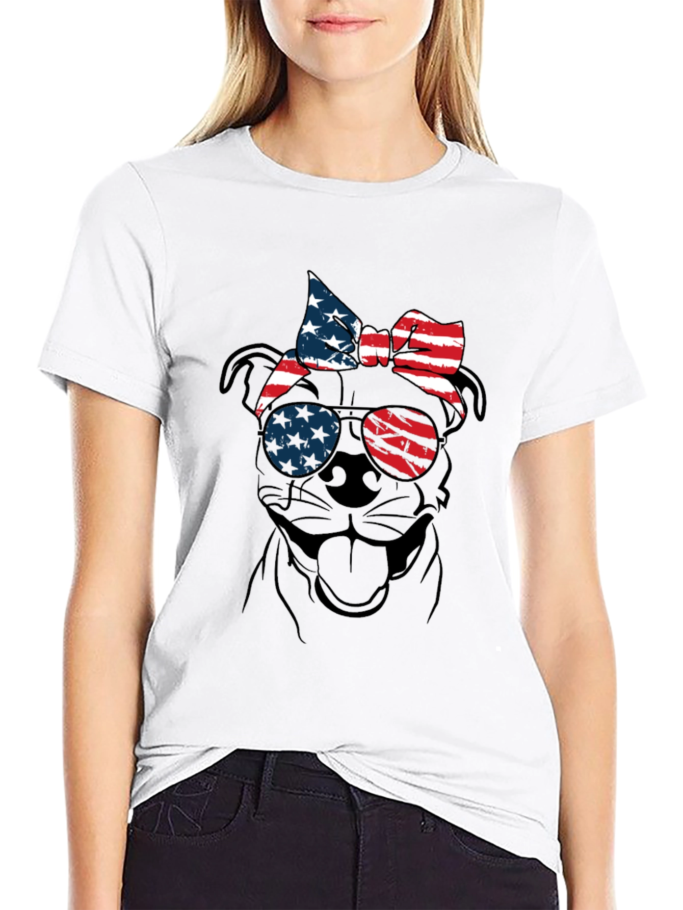Patriotic Dog T-Shirt - USA Flag Sunglasses & Bandana - 9