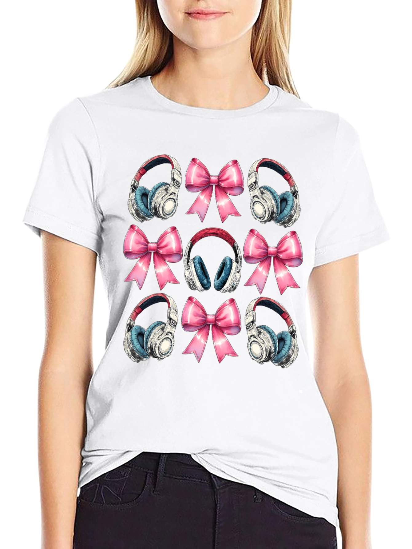 Black Headphones & Bows Graphic T-Shirt - Music Lover Tee view 9