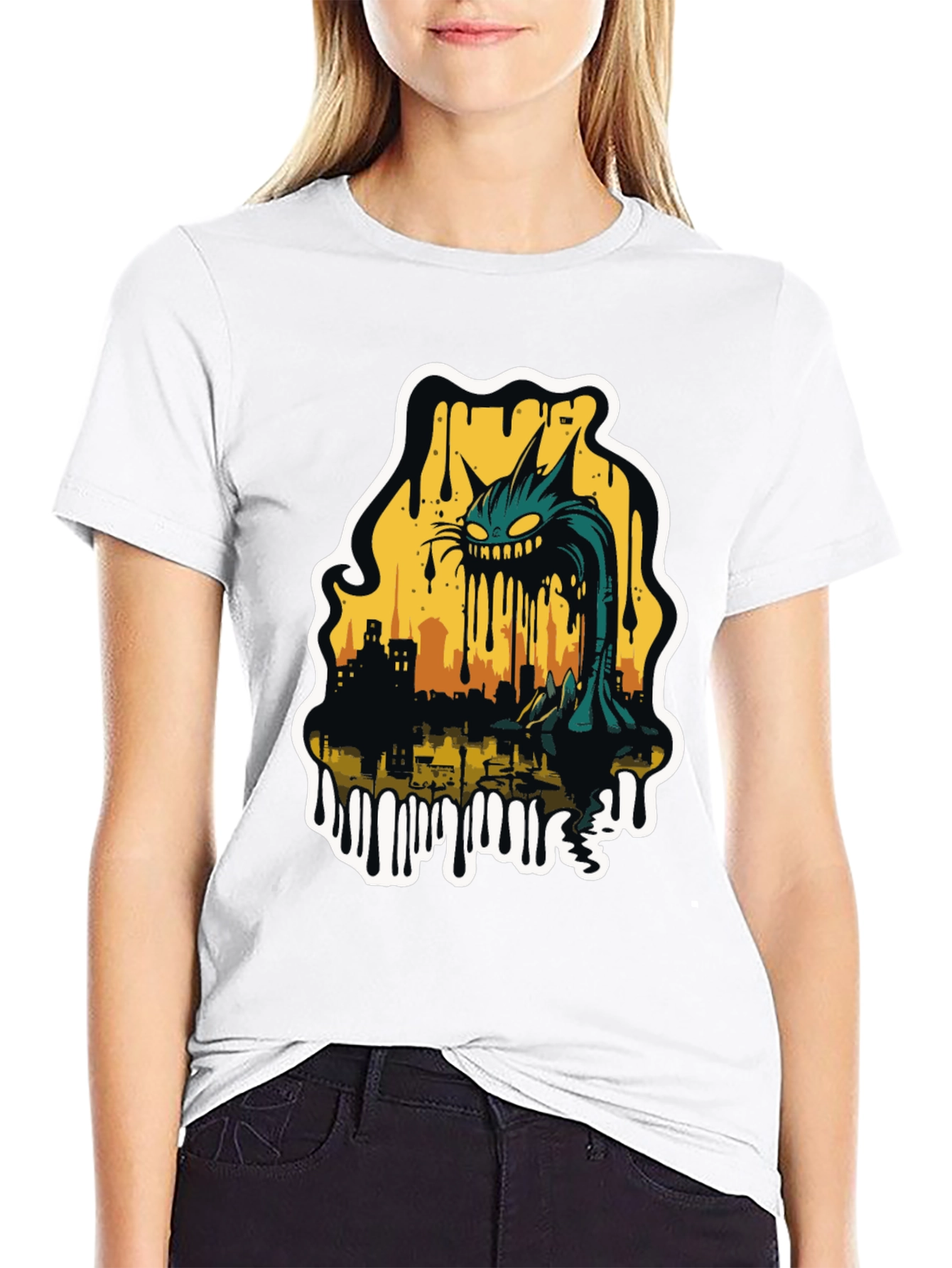 Black Monster Cat Cityscape Graphic Tee - Black view 9