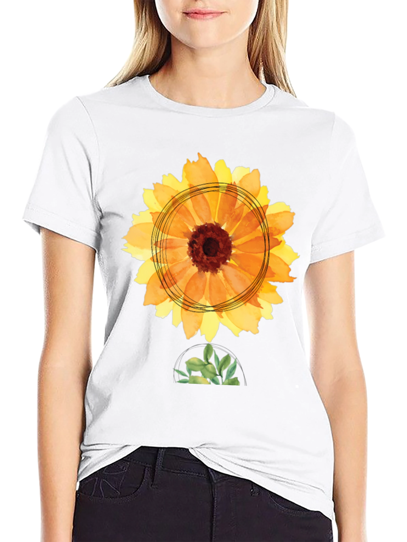 Black Sunflower Watercolor Graphic Tee - Black Cotton T-Shirt view 9