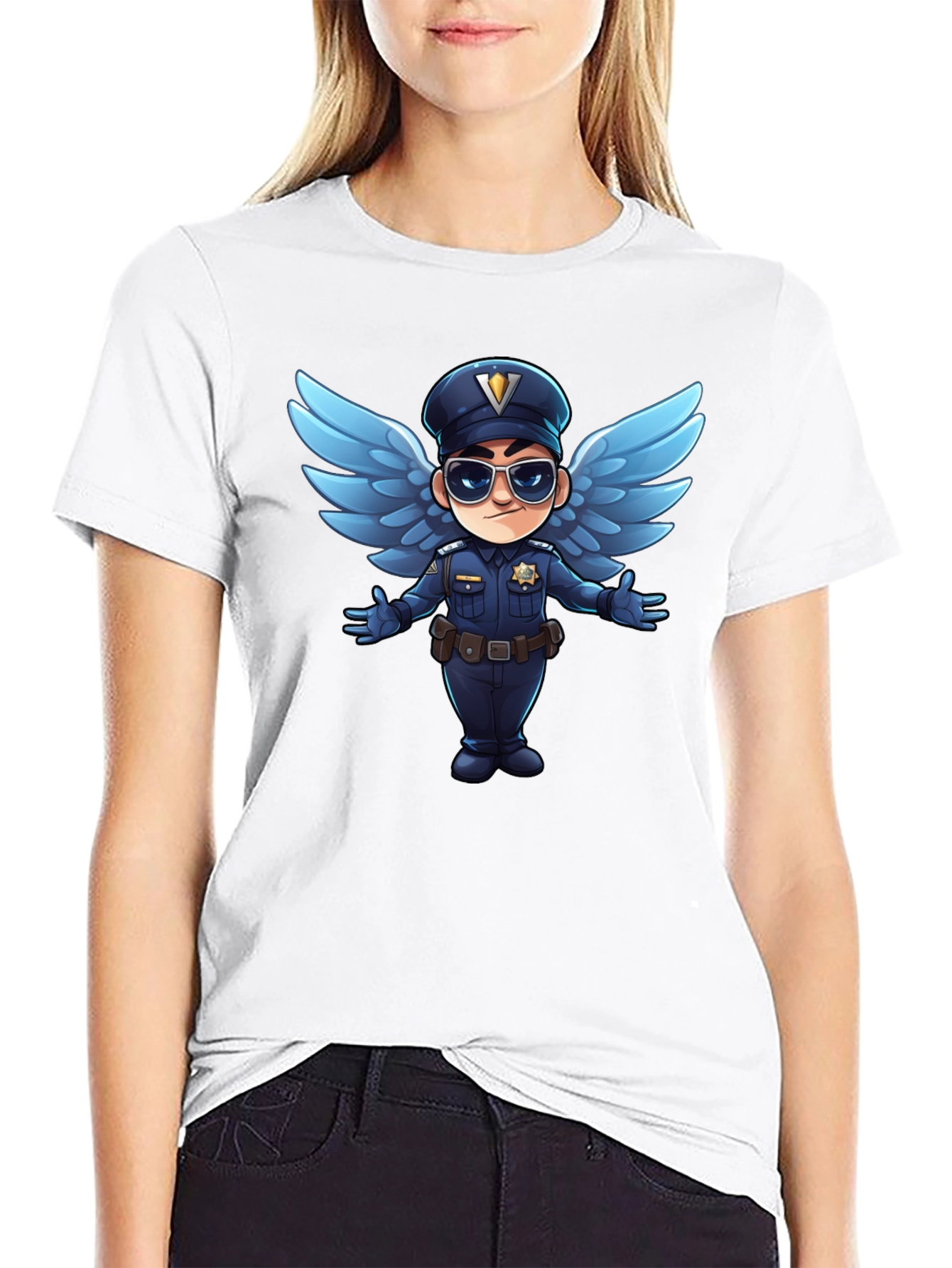 Black Cartoon Angel Cop T-Shirt - Black view 9