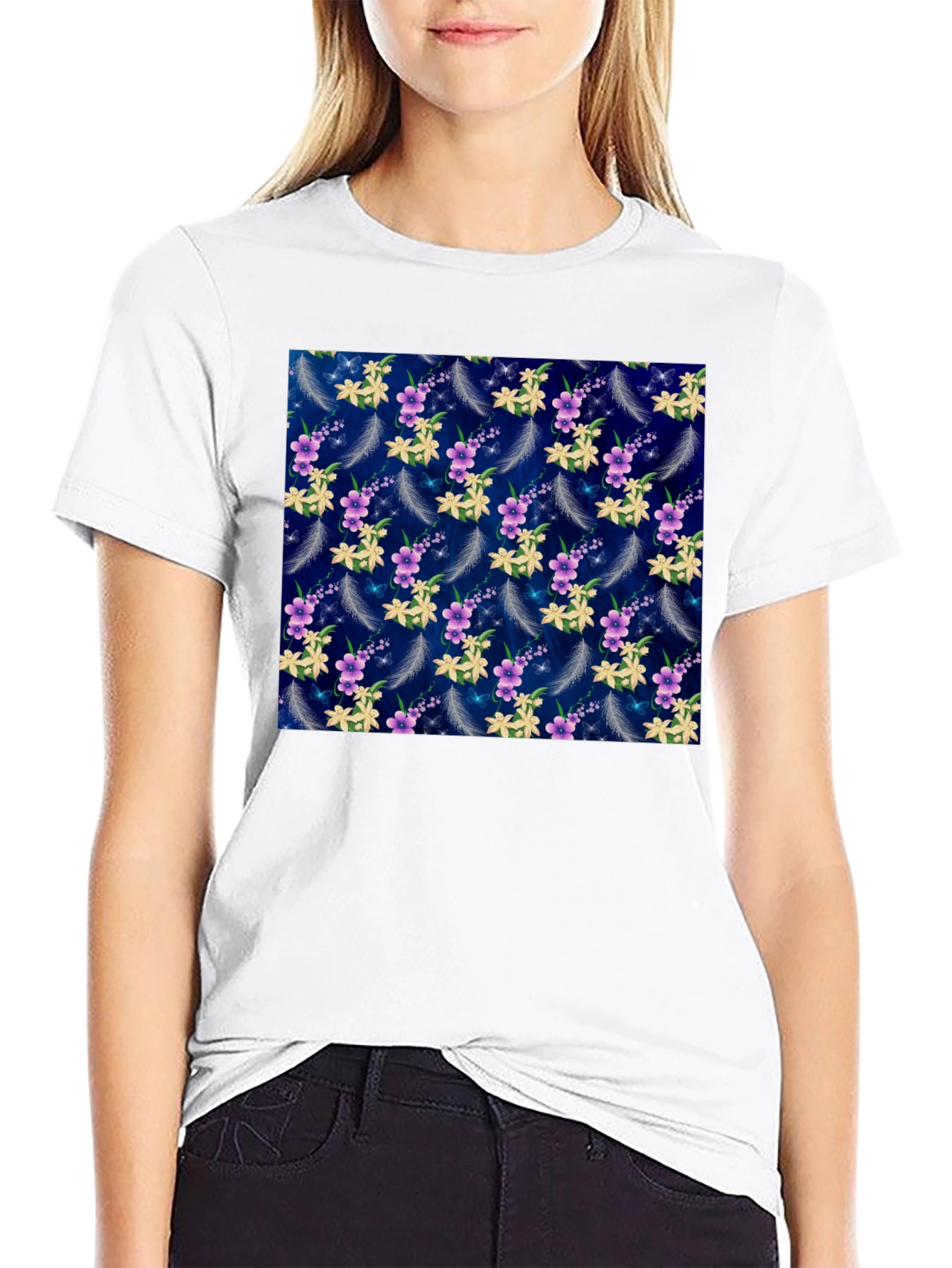 Black Floral Feather Print T-Shirt view 9