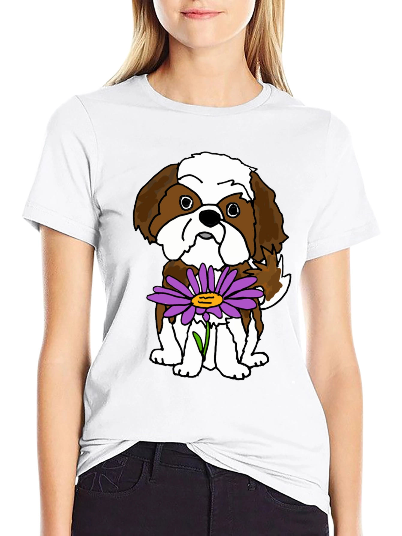 Black Cute Shih Tzu Dog with Flower Graphic T-Shirt view 9