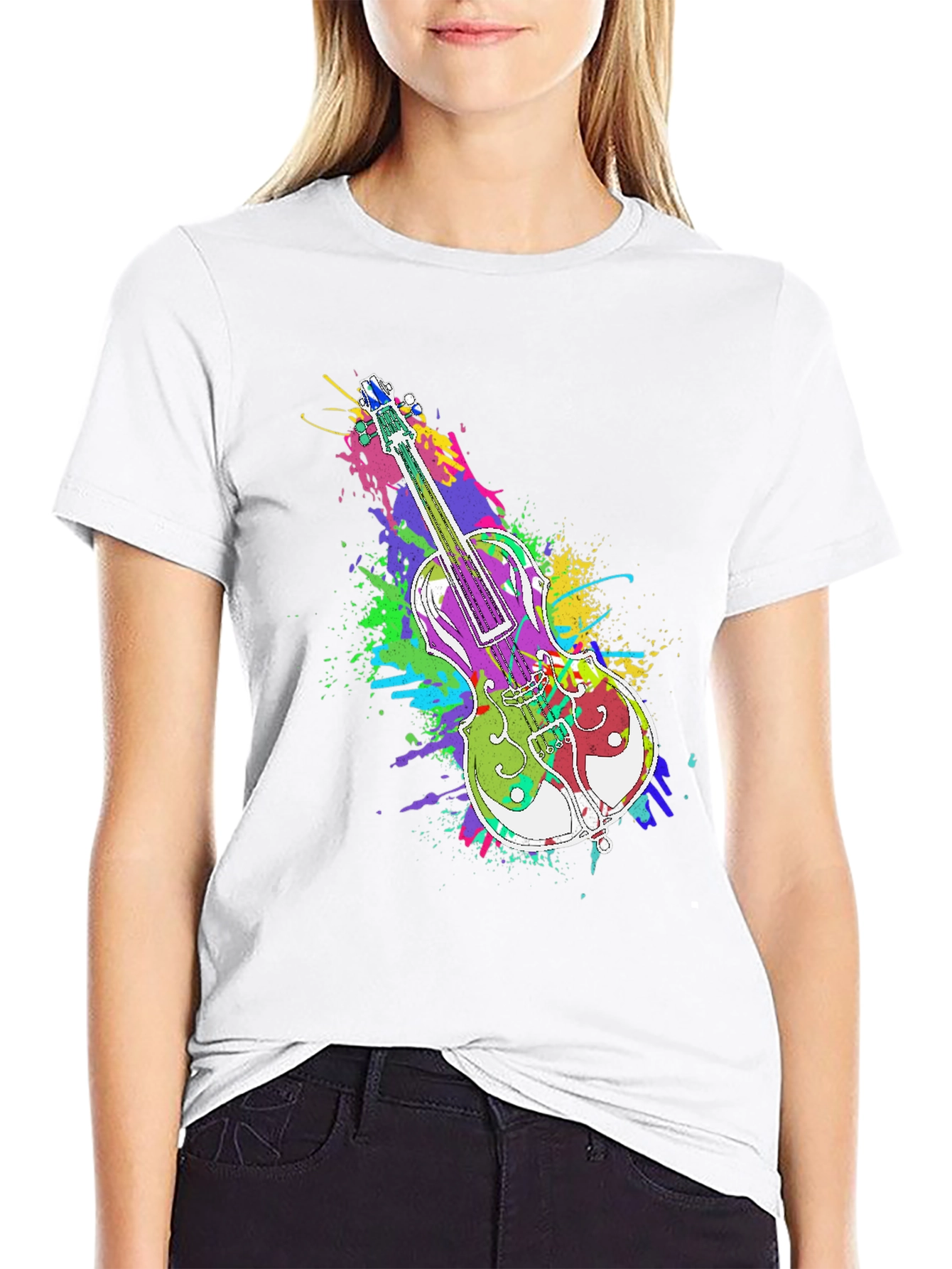 Black Colorful Violin Splatter Print T-Shirt - Unique Music Design view 9