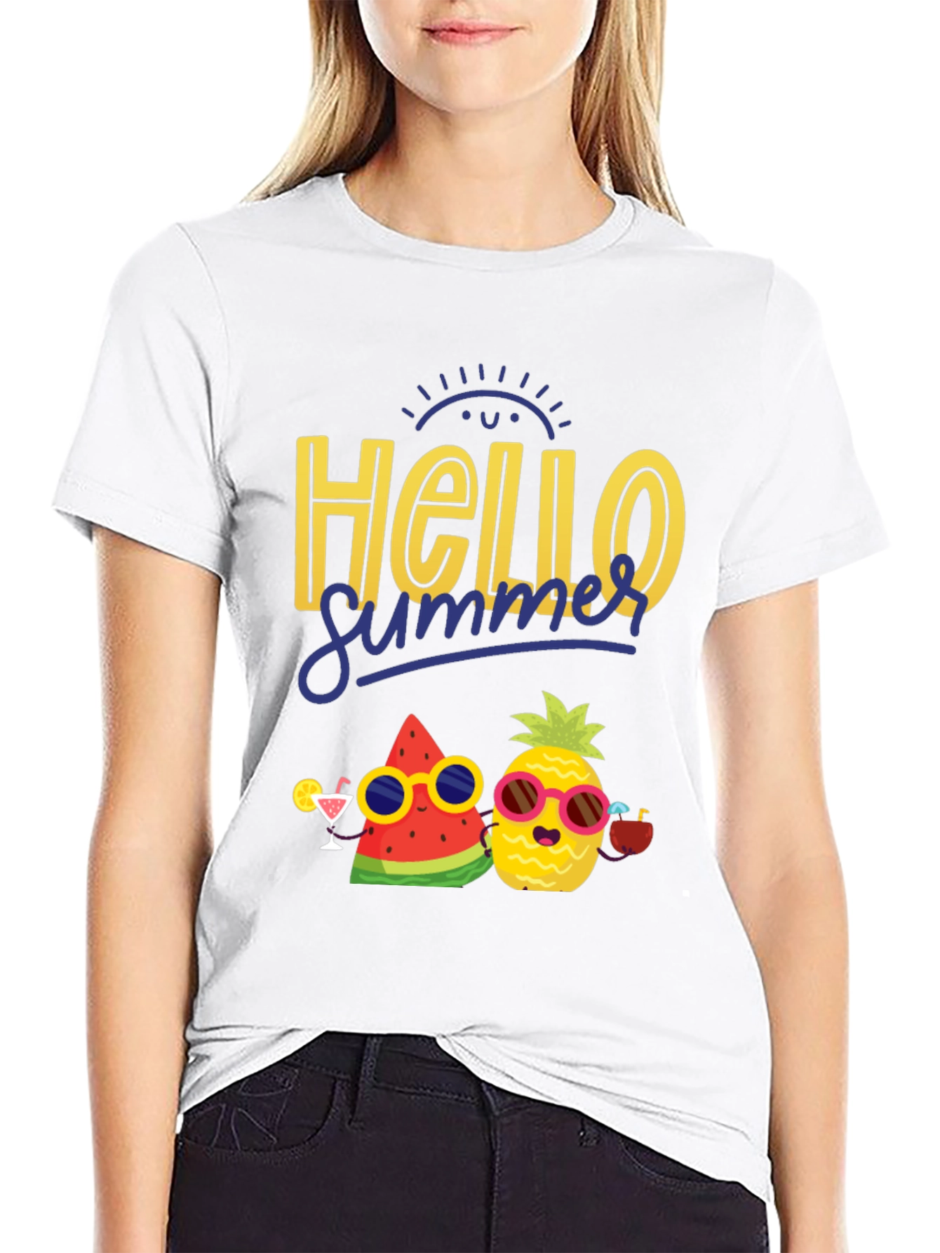 Black Hello Summer Graphic T-Shirt: Pineapple & Watermelon view 9