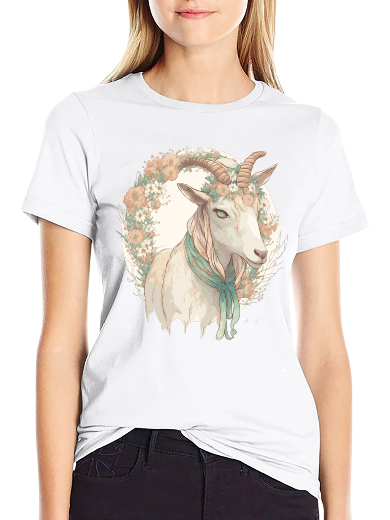 Black Goat Floral Wreath Black T-Shirt view 9