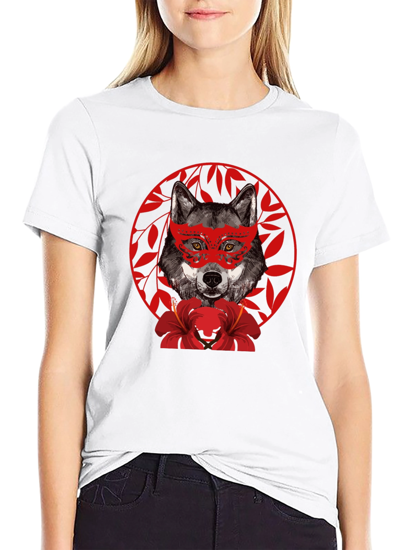 Black Wolf Masquerade Graphic Tee - Unique Animal Print T-Shirt view 9