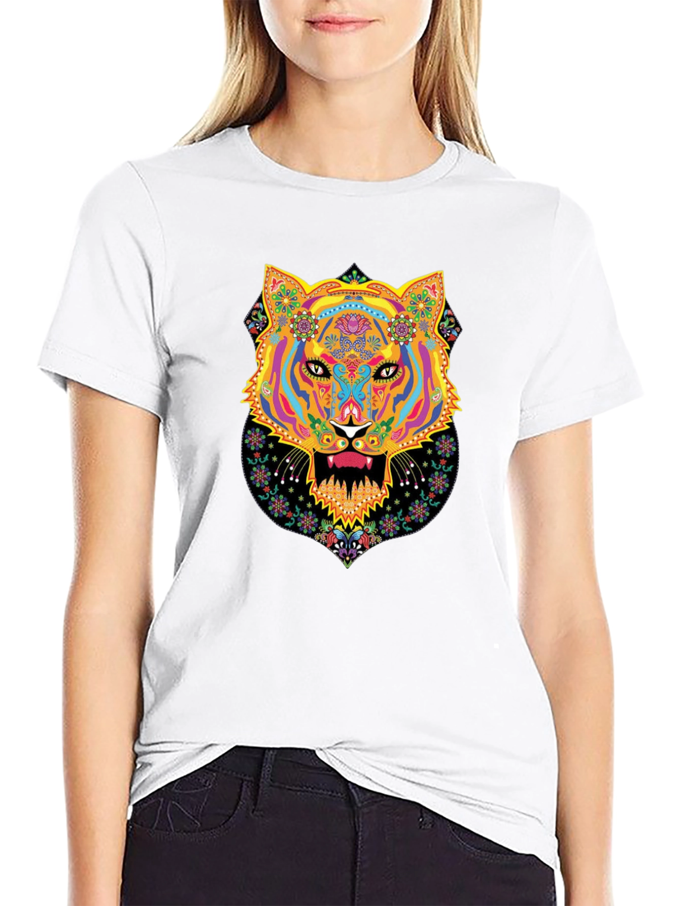 Black Vibrant Tiger Graphic Black T-Shirt view 9