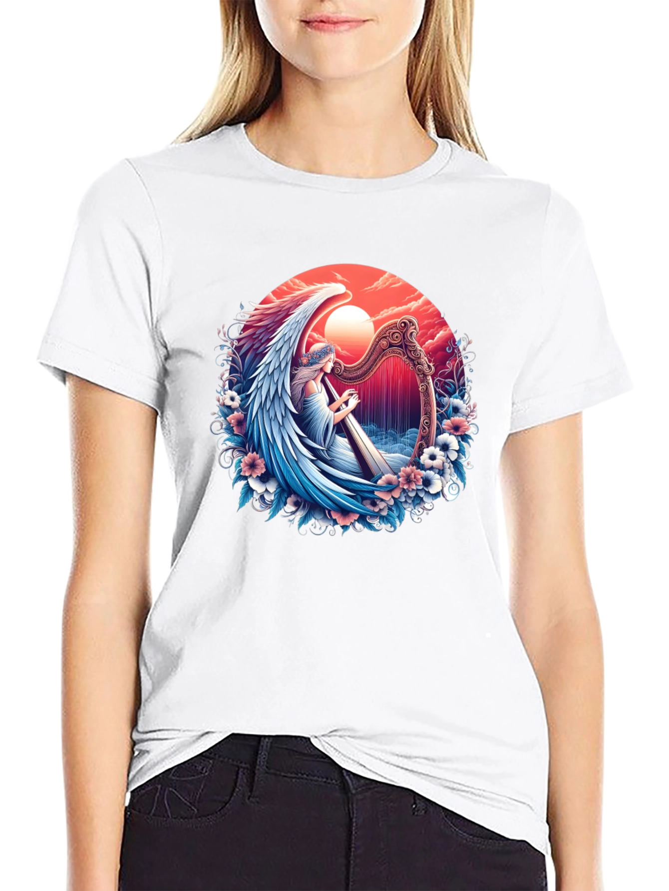 Black Angel Harpist Graphic T-Shirt - Celestial Harmony view 9
