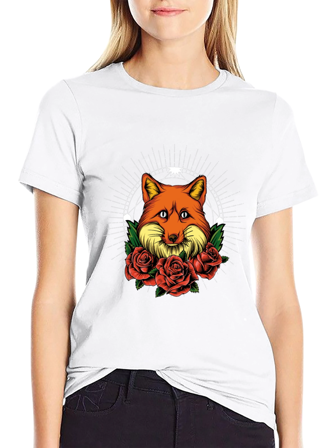 Black Fox & Roses Graphic Print Tee - Stylish Men's Black T-Shirt view 9