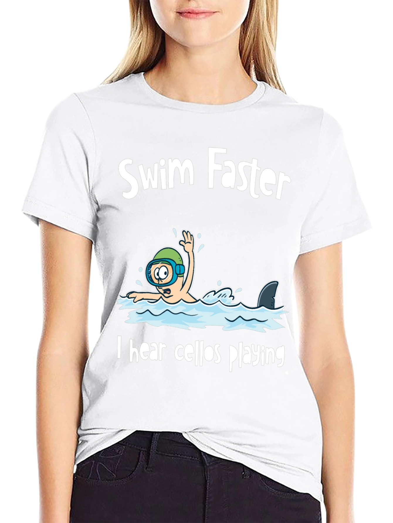 Black Swim Faster Shark Humor Graphic Tee view 9