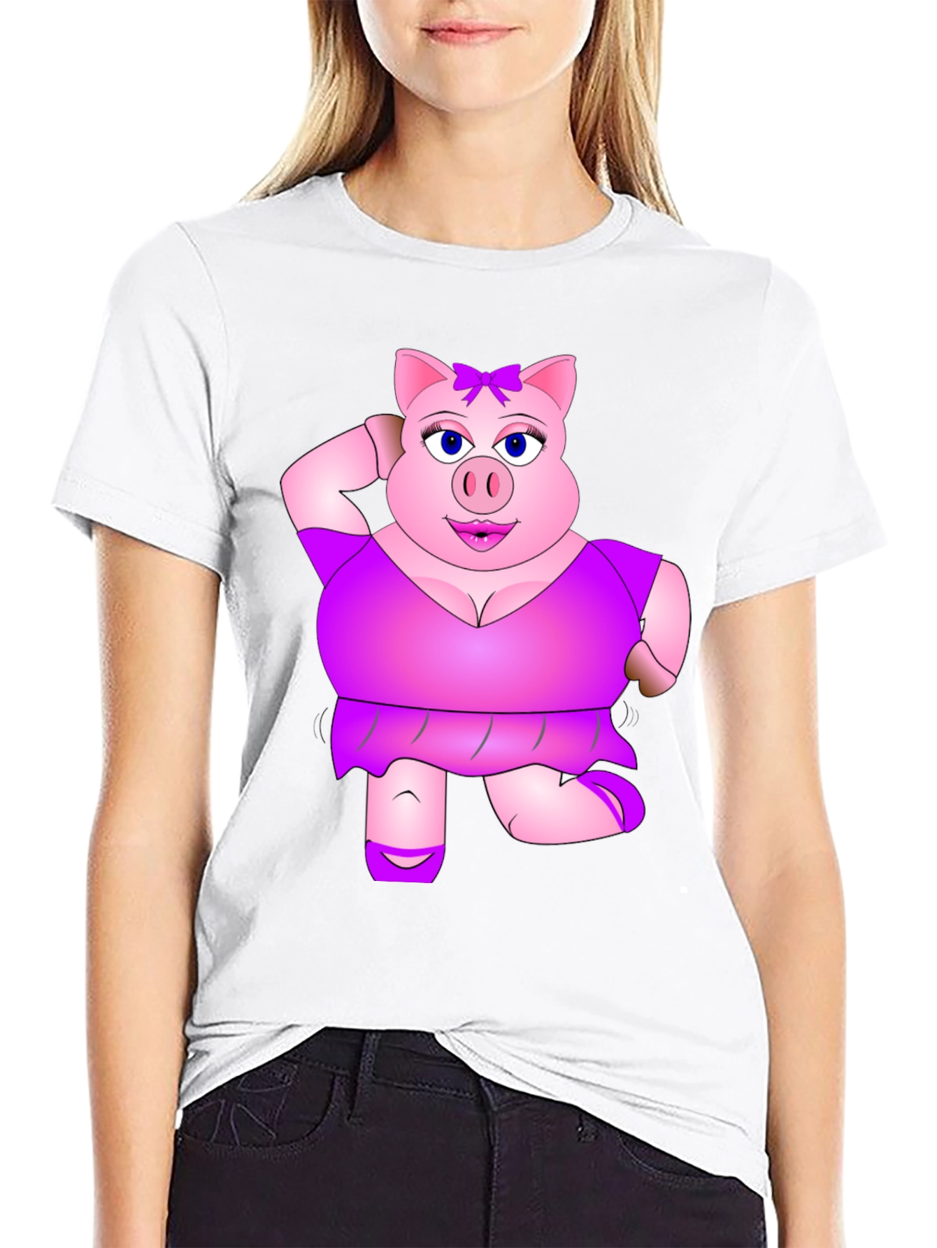 Black Funny Pig Lady Black T-Shirt Novelty Graphic Tee view 9