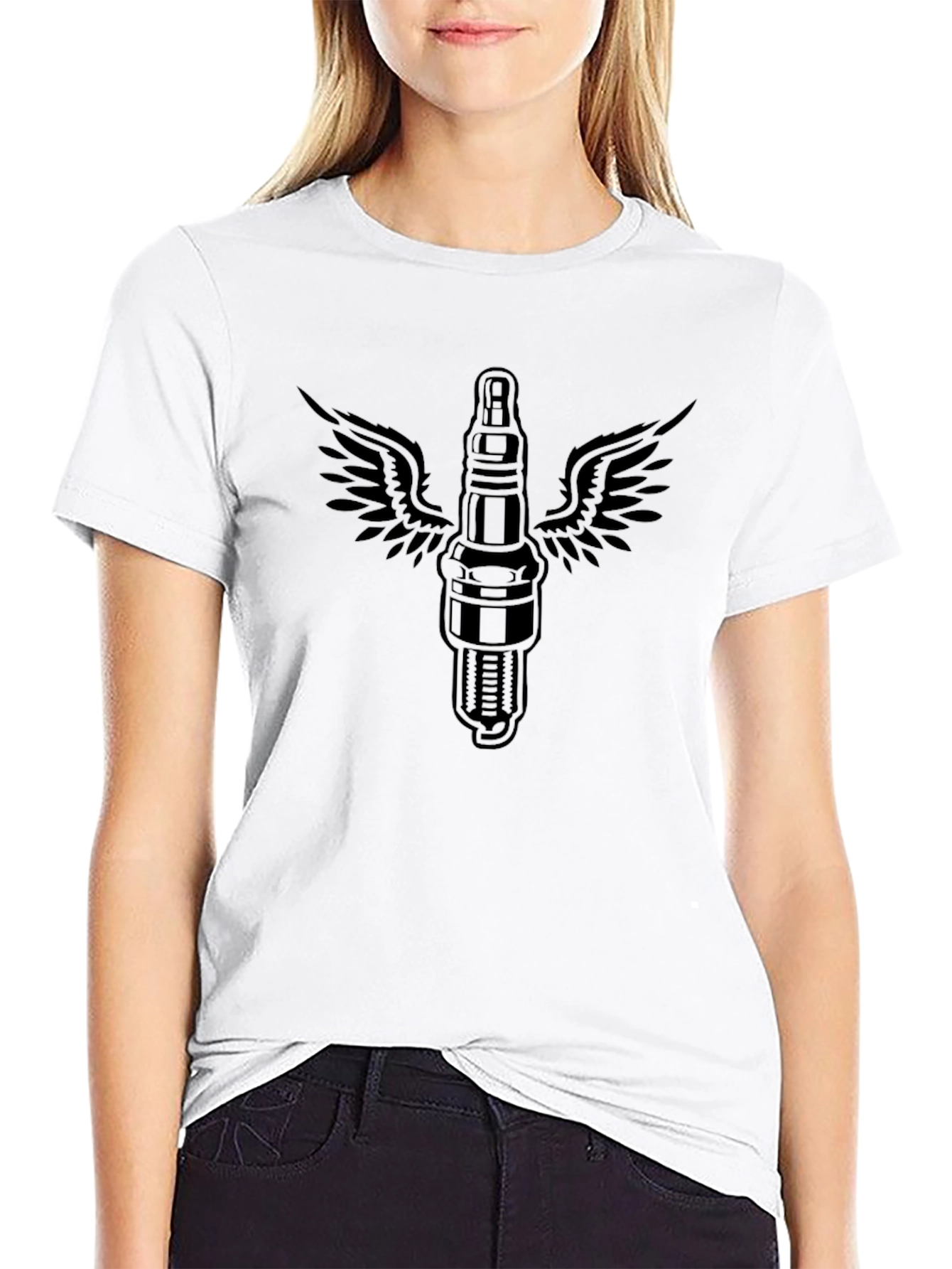 Black Men's Black T-Shirt with Flying Spark Plug Graphic view 9