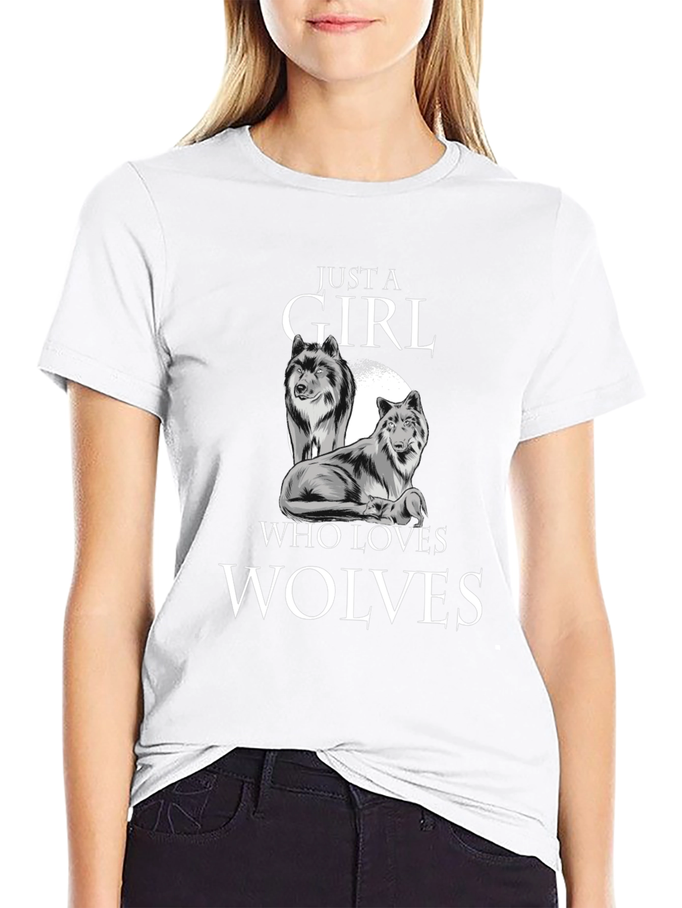 Black Just a Girl Who Loves Wolves T-Shirt view 9