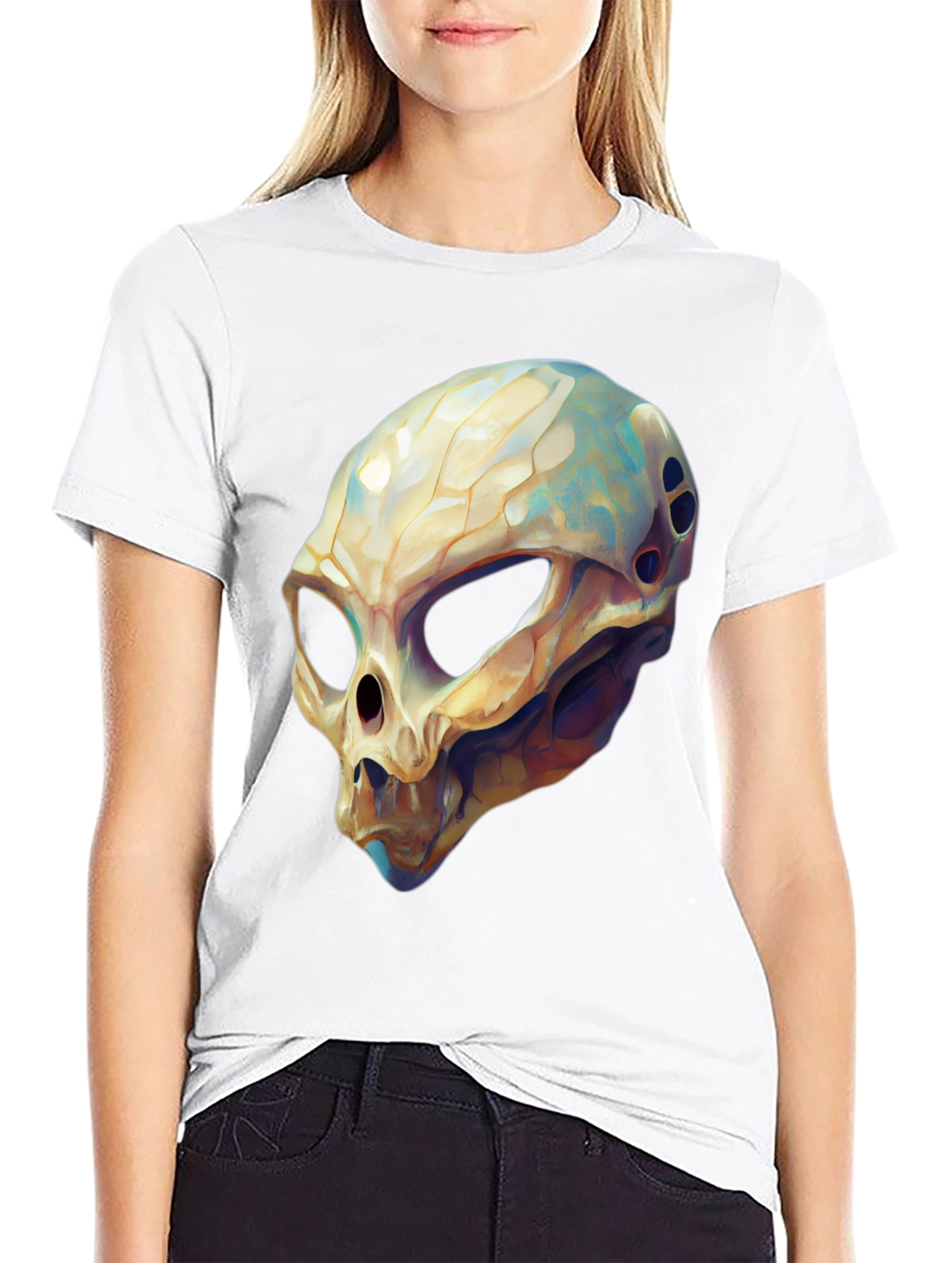 Black Alien Skull Graphic Tee - Black Cotton T-Shirt view 9