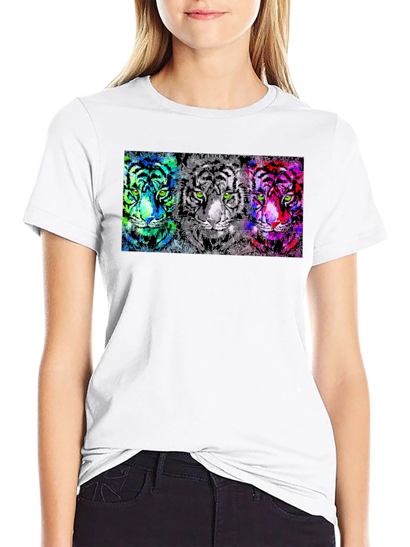 Black Vibrant Tiger Trio Graphic Tee - Unique Pop Art Design view 9