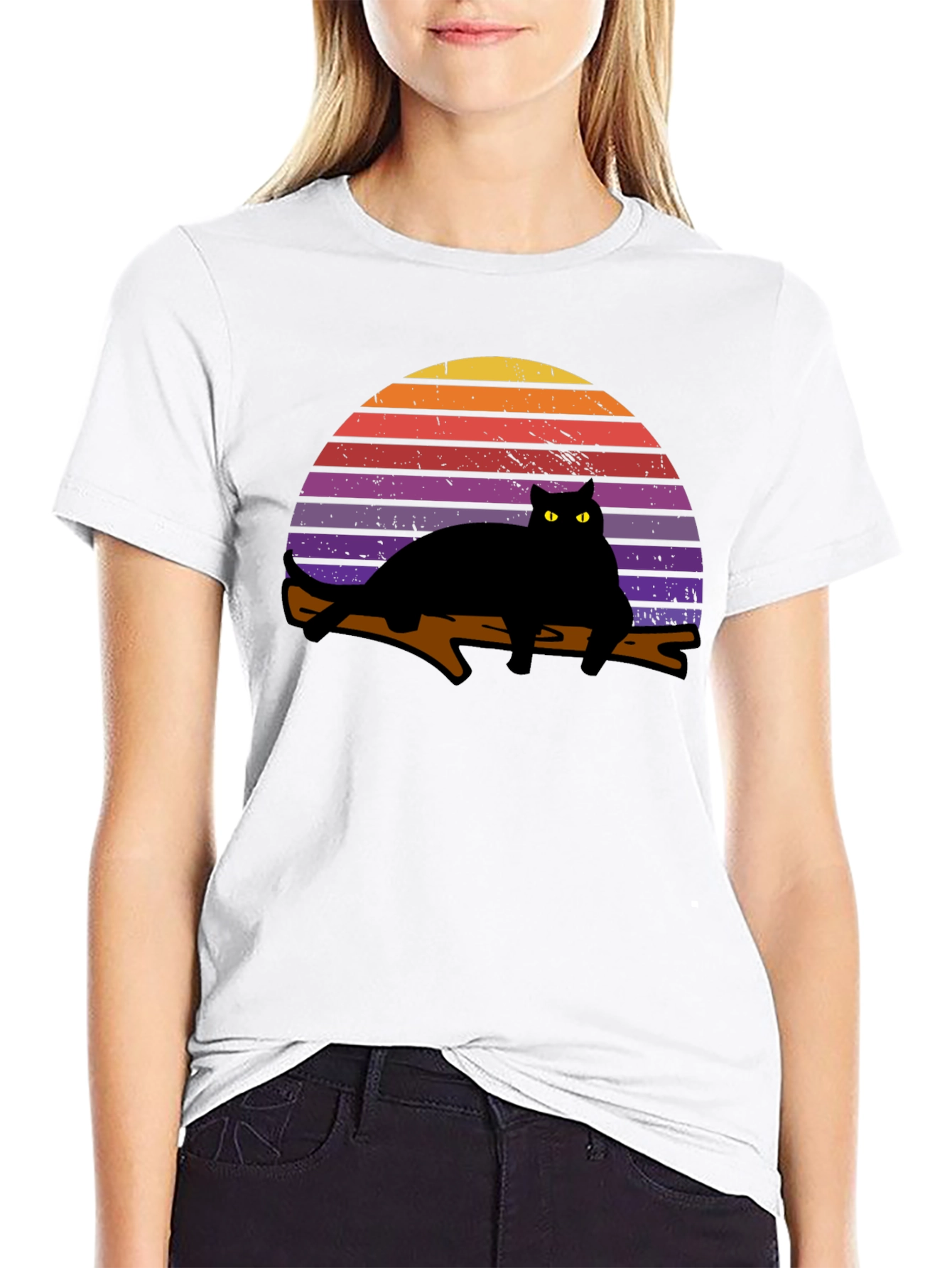 Black Retro Cat Sunset Graphic T-Shirt - Black view 9