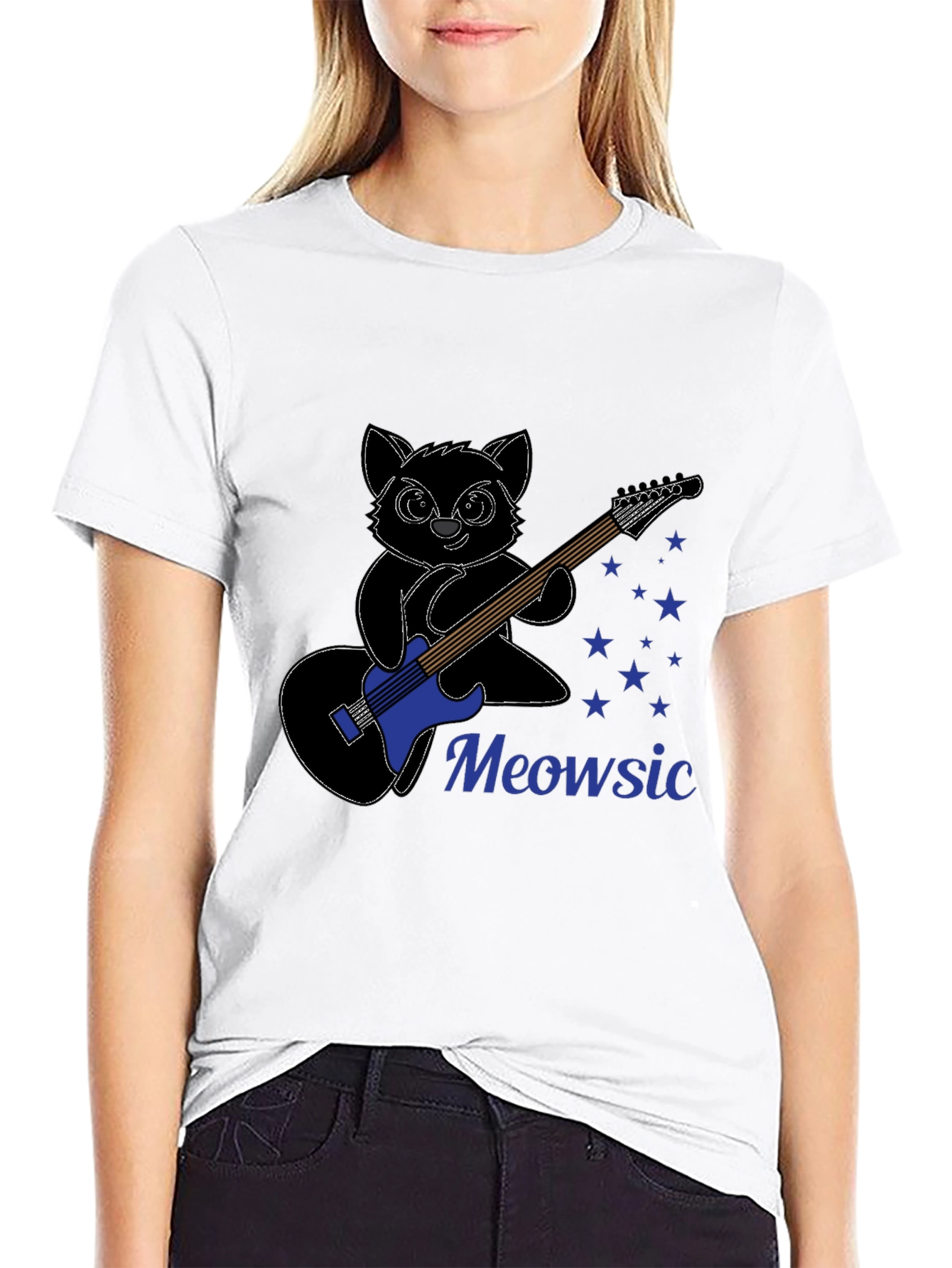 Black Meowsic T-Shirt: Cat Playing Guitar view 9