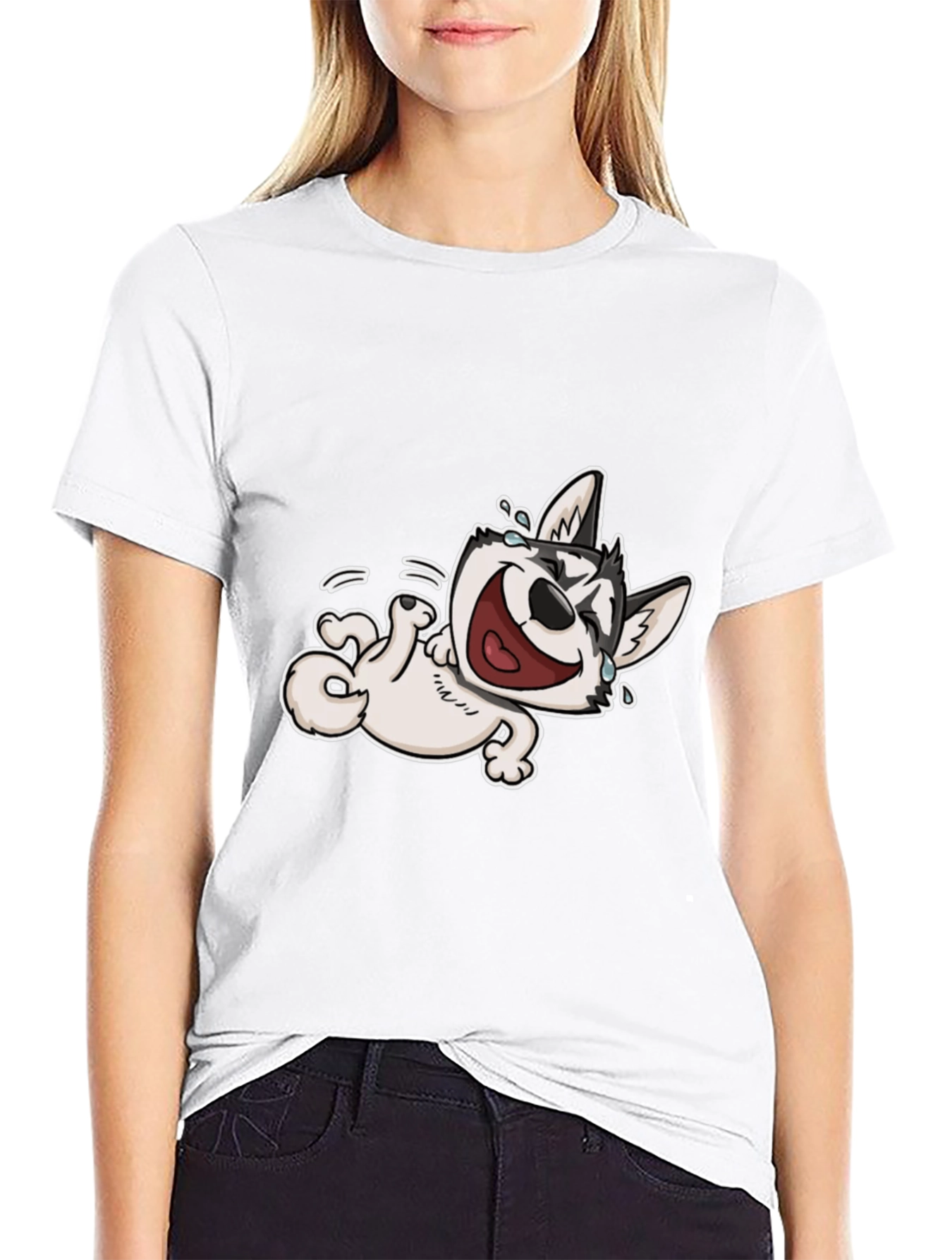 Black Laughing Husky T-Shirt - Black Cotton Tee view 9