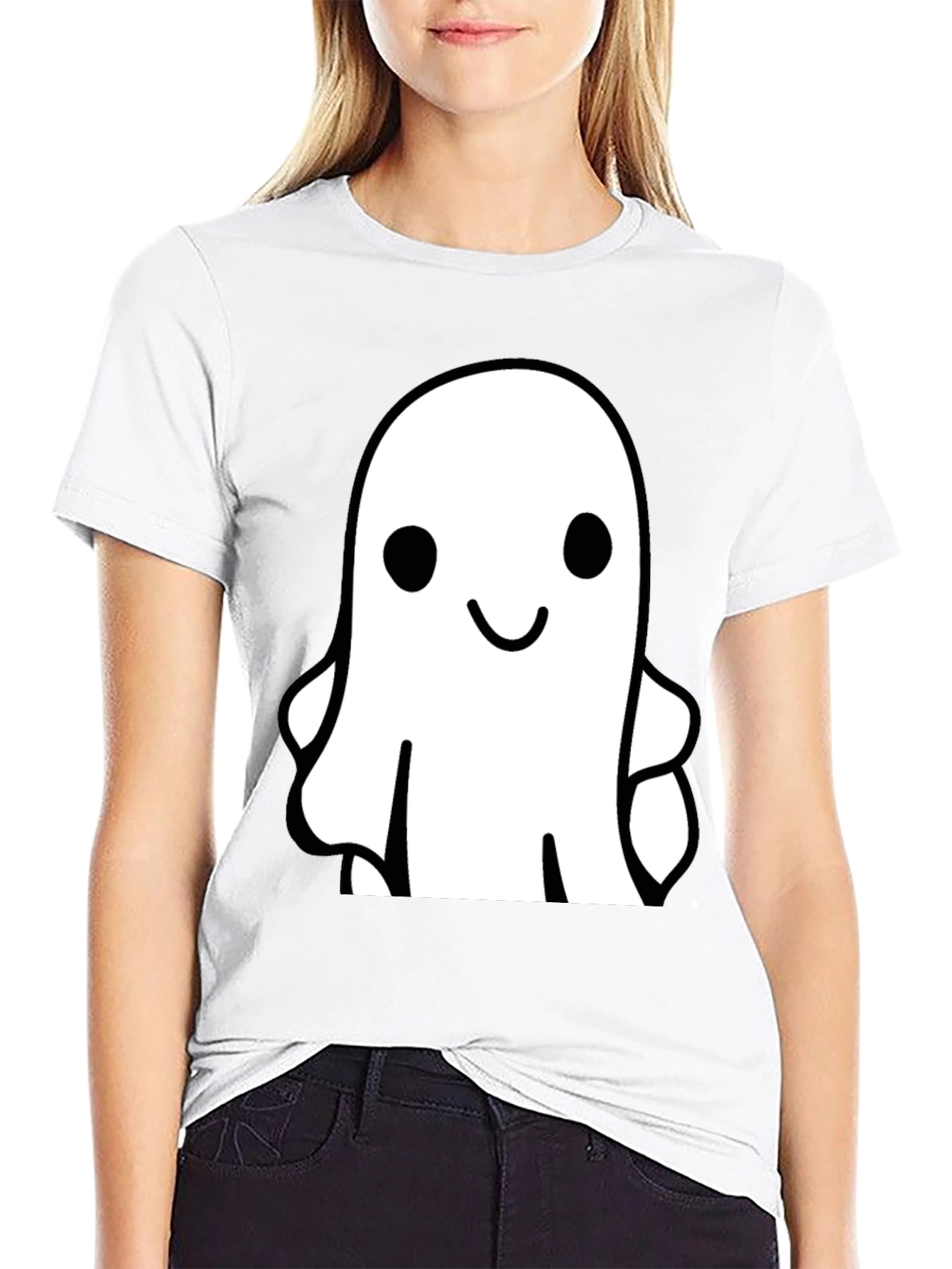 Black Cute Ghost Graphic Tee - Black Cotton T-Shirt view 9
