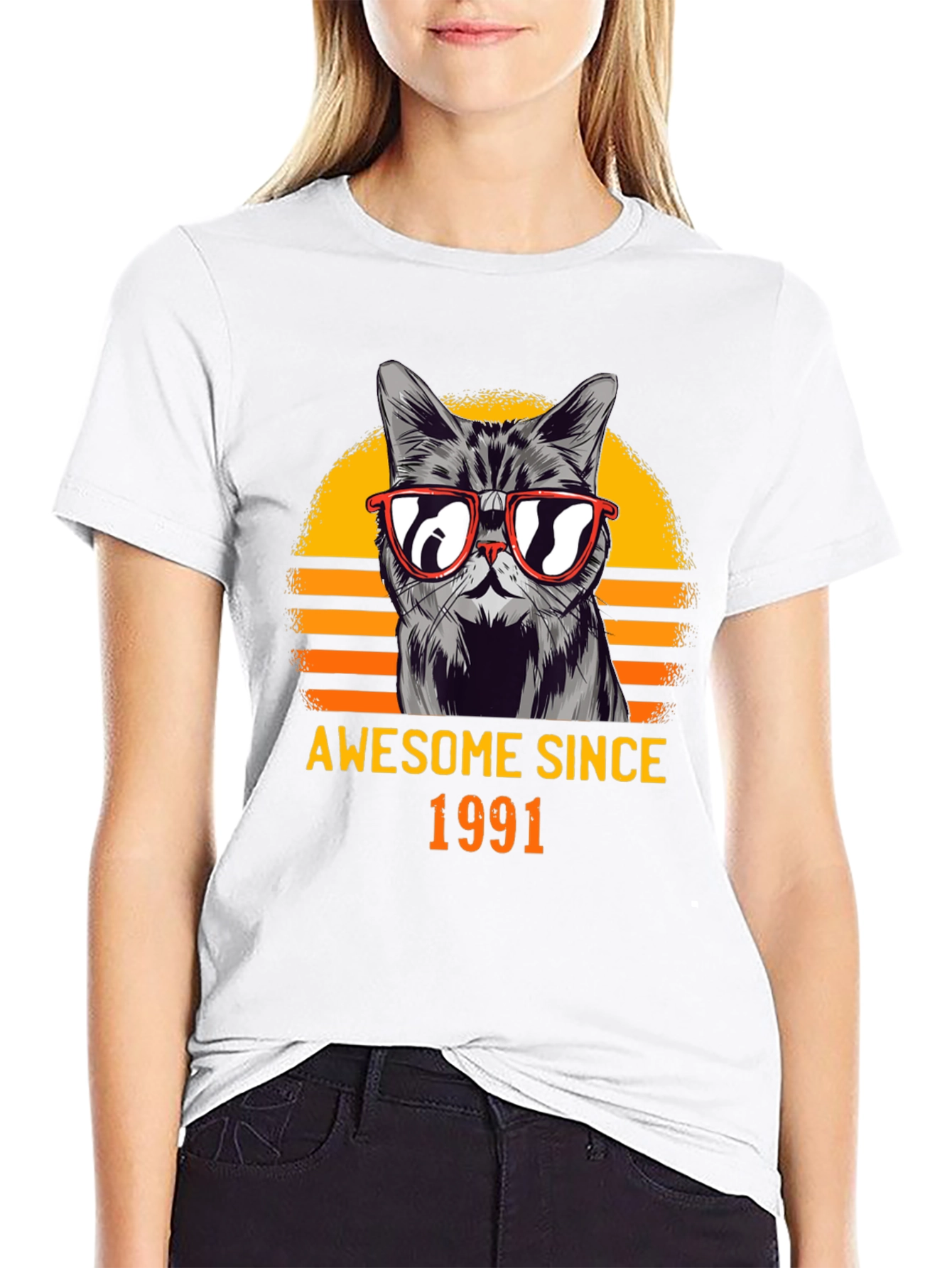 Black Awesome Since 1991 Cat Graphic T-Shirt view 9