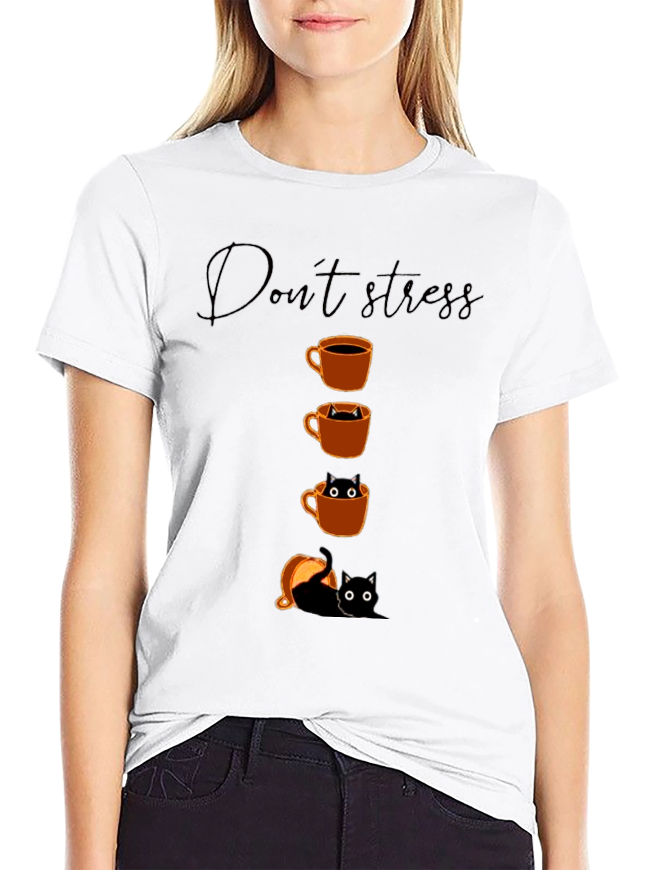 Black Don't Stress Coffee Cat T-Shirt view 9