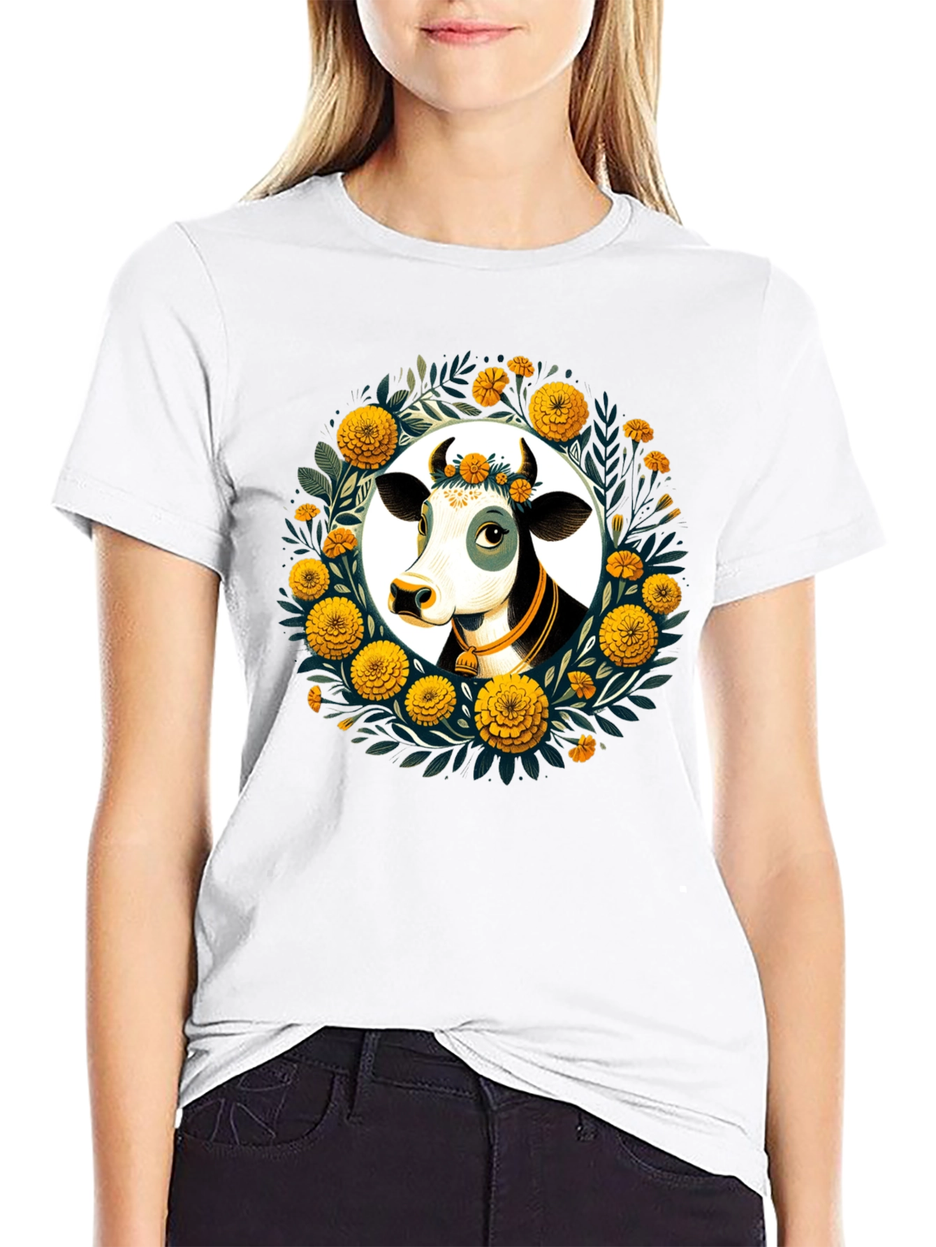 Black Floral Cow Graphic Tee - Black Unisex T-Shirt view 9