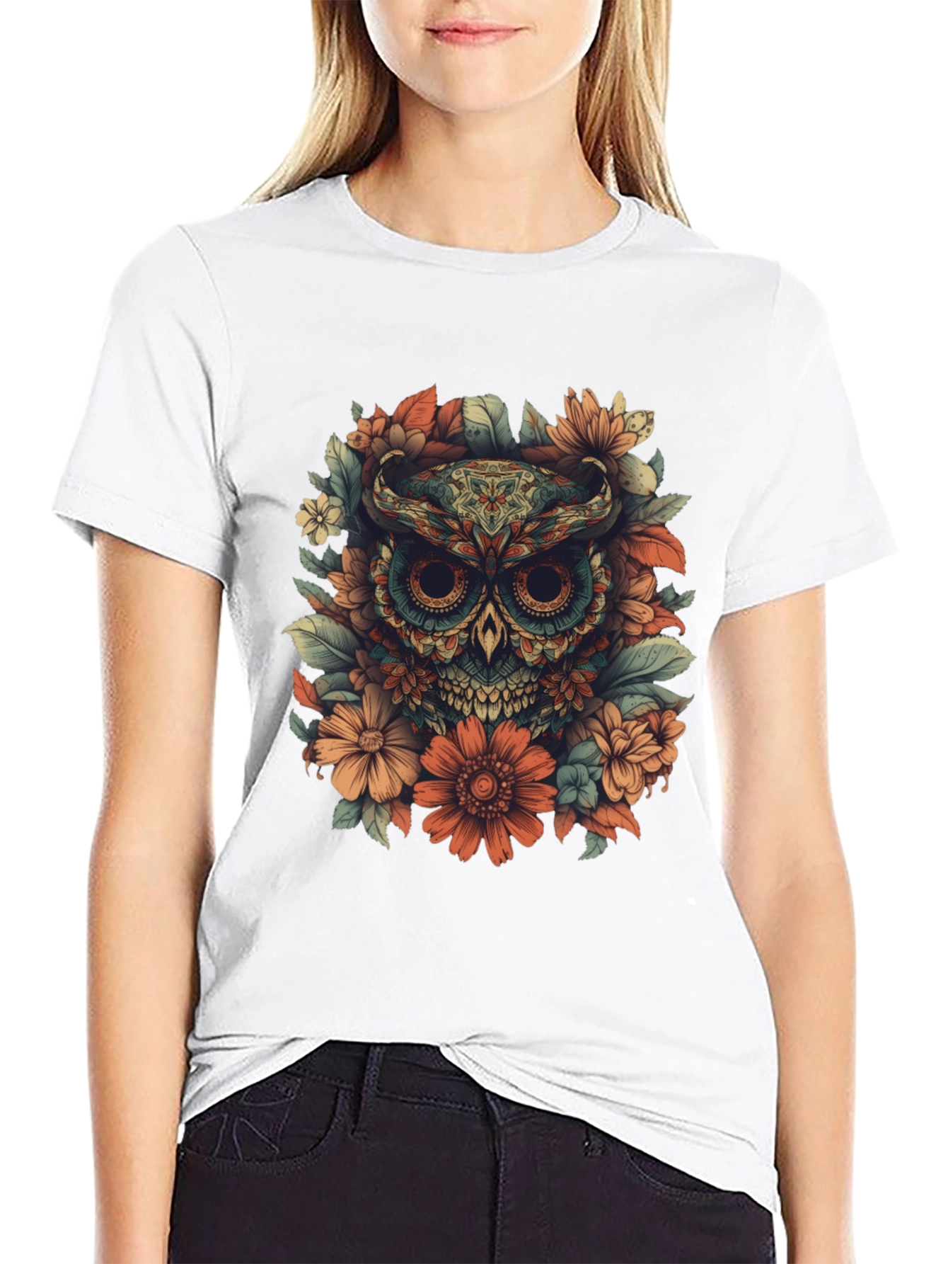 Black Floral Owl Graphic Tee - Unique Design view 9