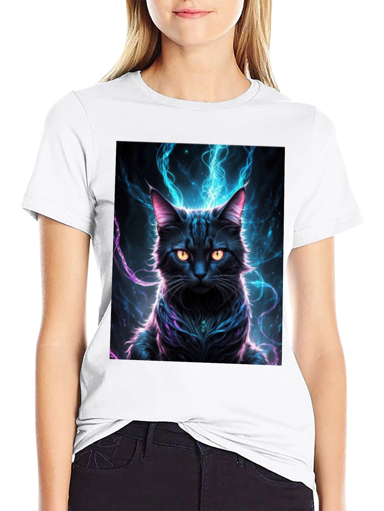 Mystic Feline T-Shirt: Black Cat with Electric Aura Design - 9
