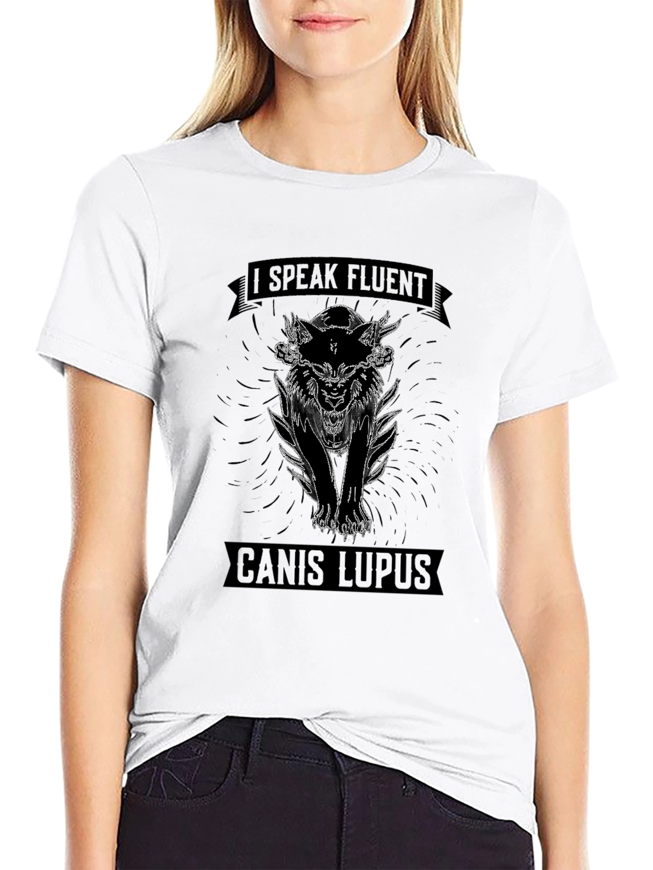 Black I Speak Fluent Canis Lupus T-Shirt - Graphic Wolf Design view 9