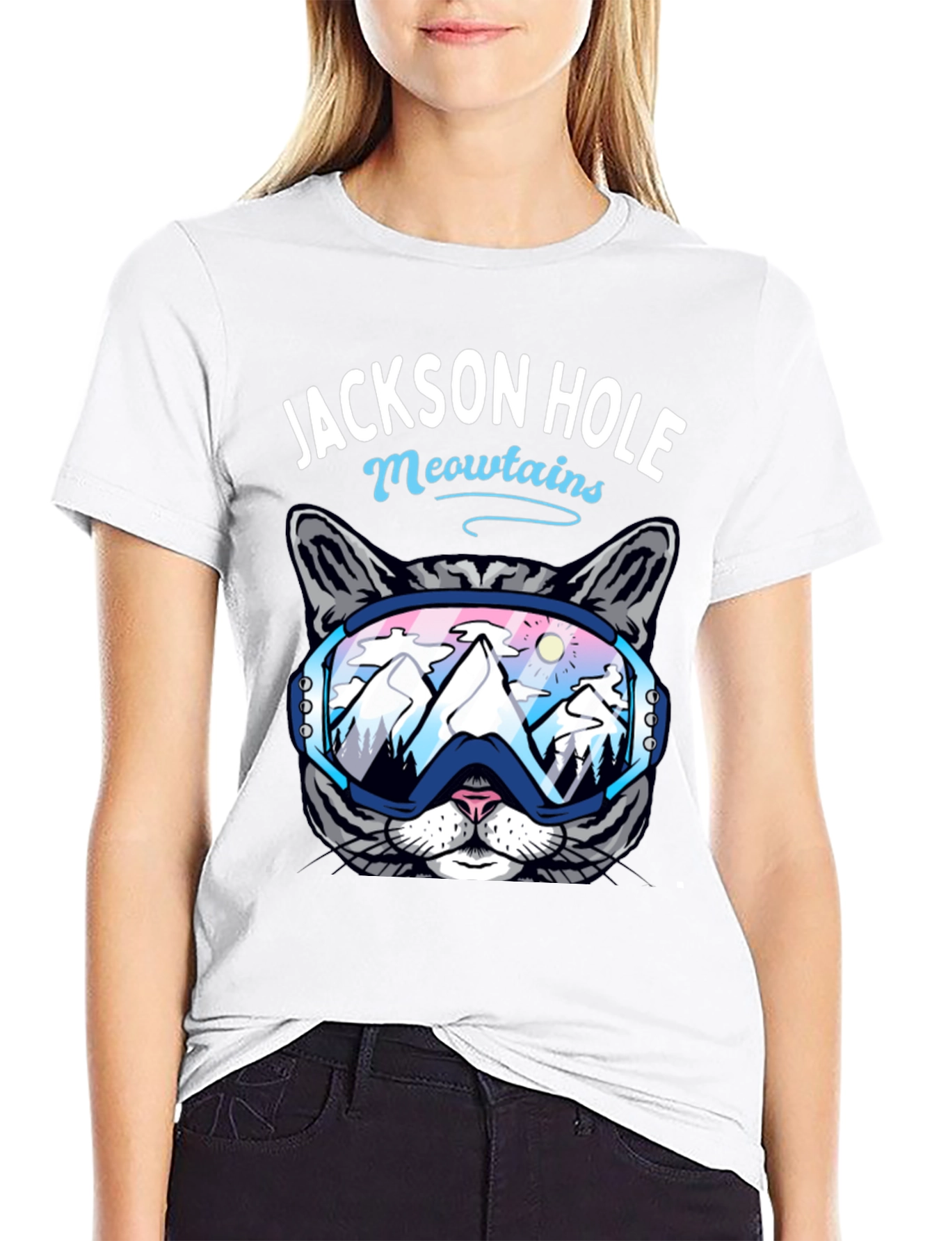 Black Jackson Hole Meowtains Cat Ski T-Shirt view 9