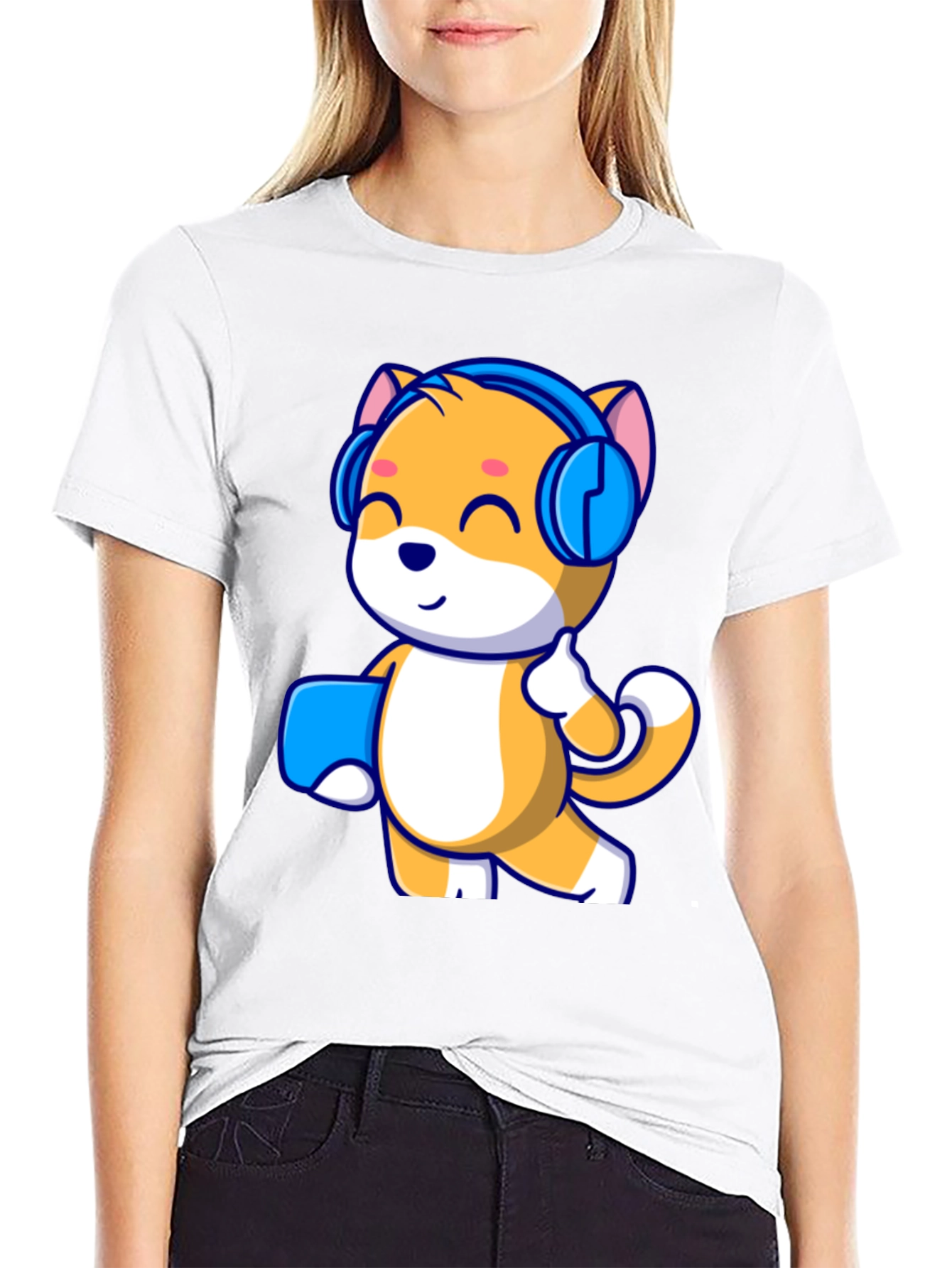 Black Cute Cartoon Cat with Headphones Black T-Shirt view 9