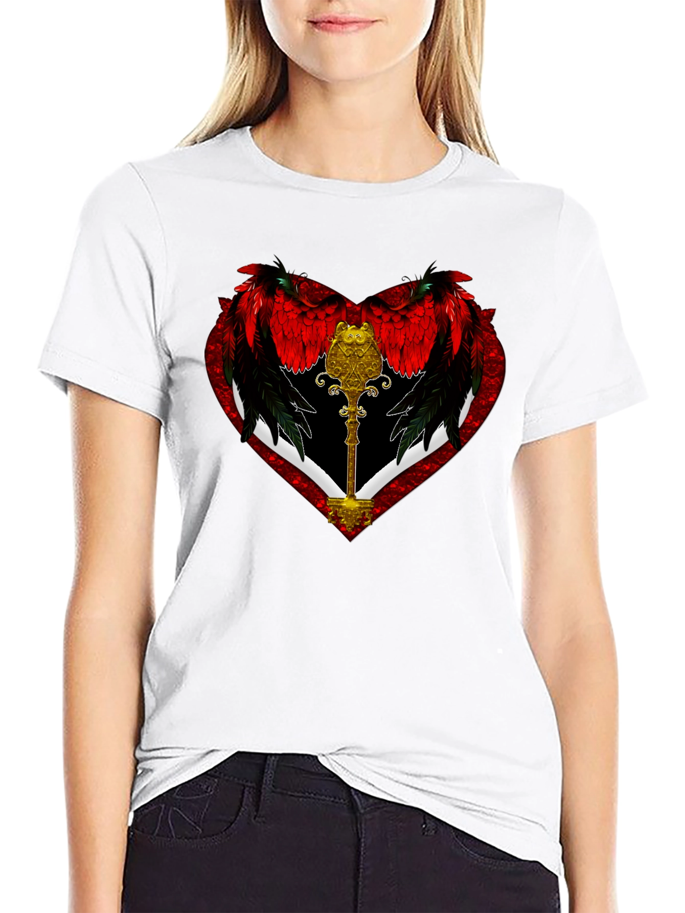 Black Winged Heart Key Graphic Black T-Shirt view 9
