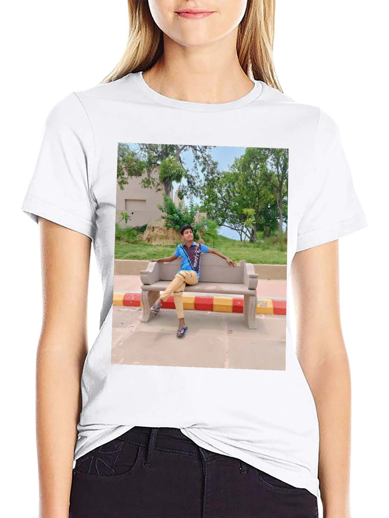 Black Black T-Shirt with Picture of Boy on Bench view 9