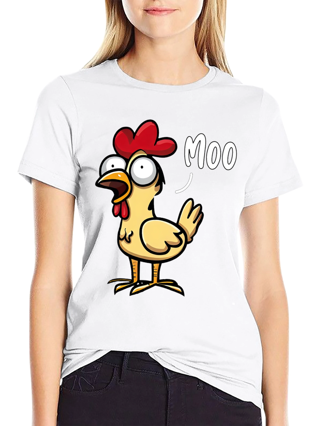 Black Funny Chicken Moo T-Shirt - Novelty Humor Tee view 9