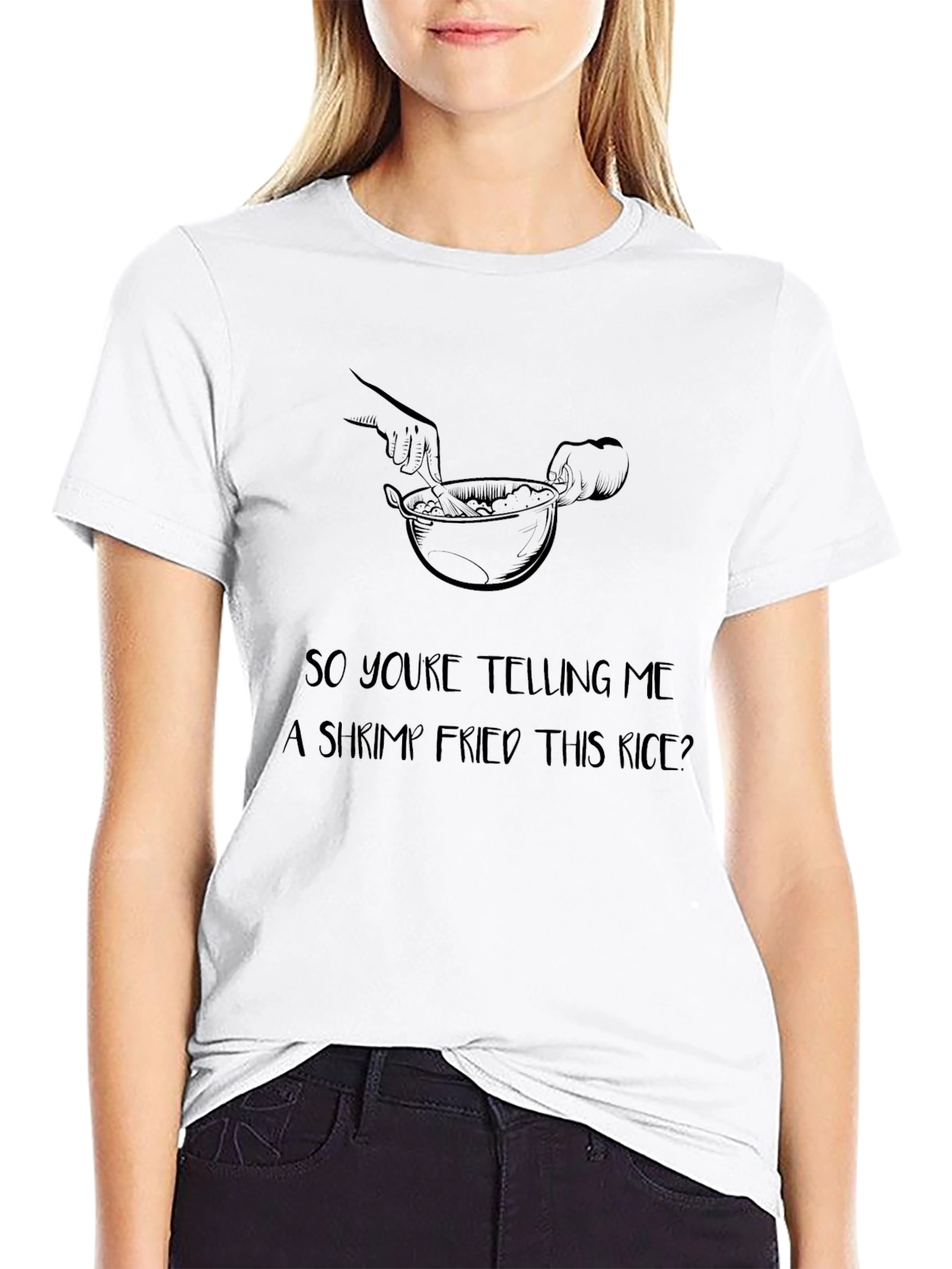 Black Humorous 'Shrimp Fried This Rice?' Black T-Shirt view 9