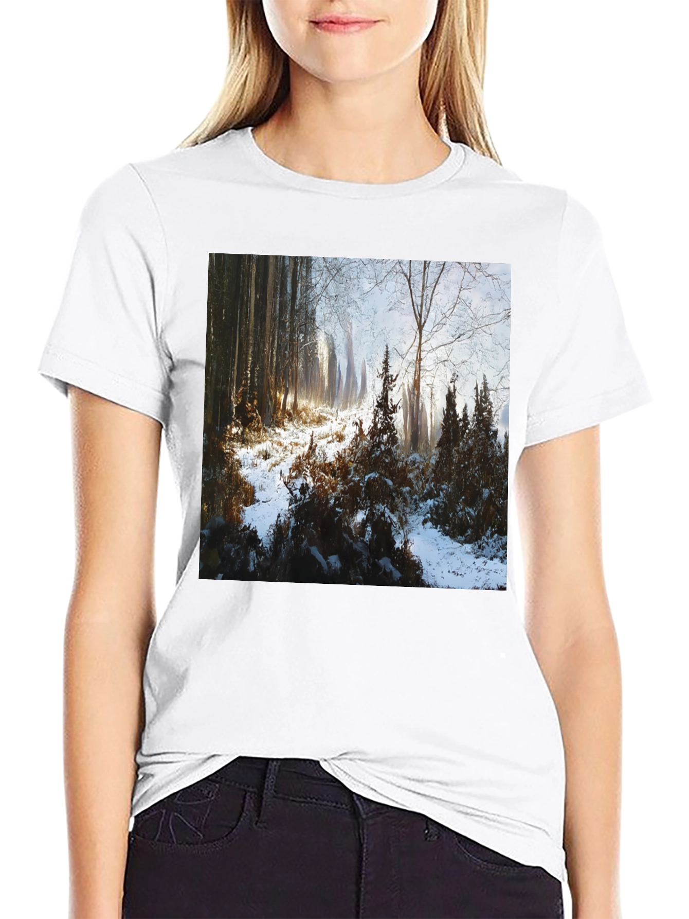 Black Winter Forest Scene T-Shirt view 9