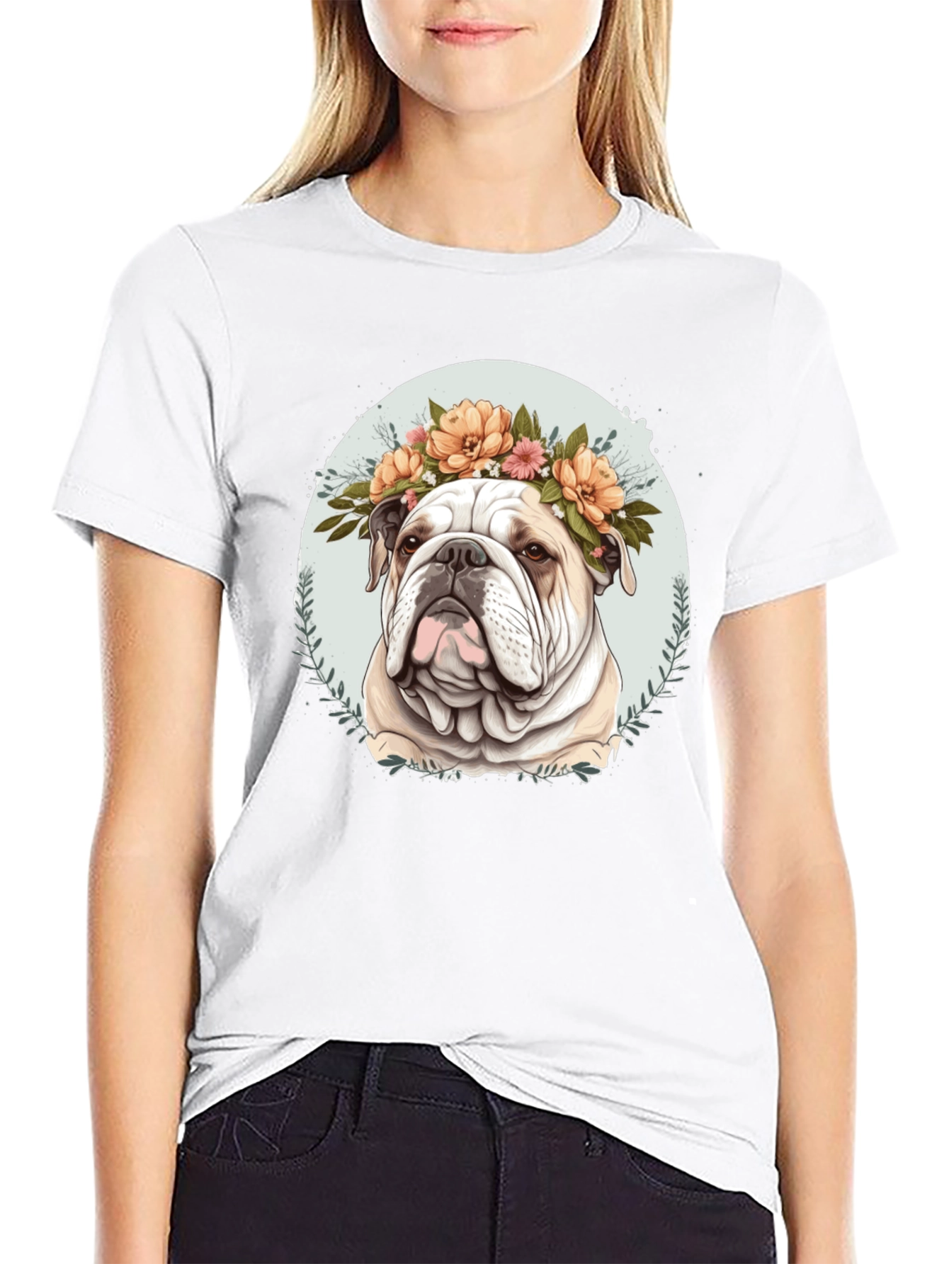 Black Bulldog Floral Crown Black T-Shirt view 9