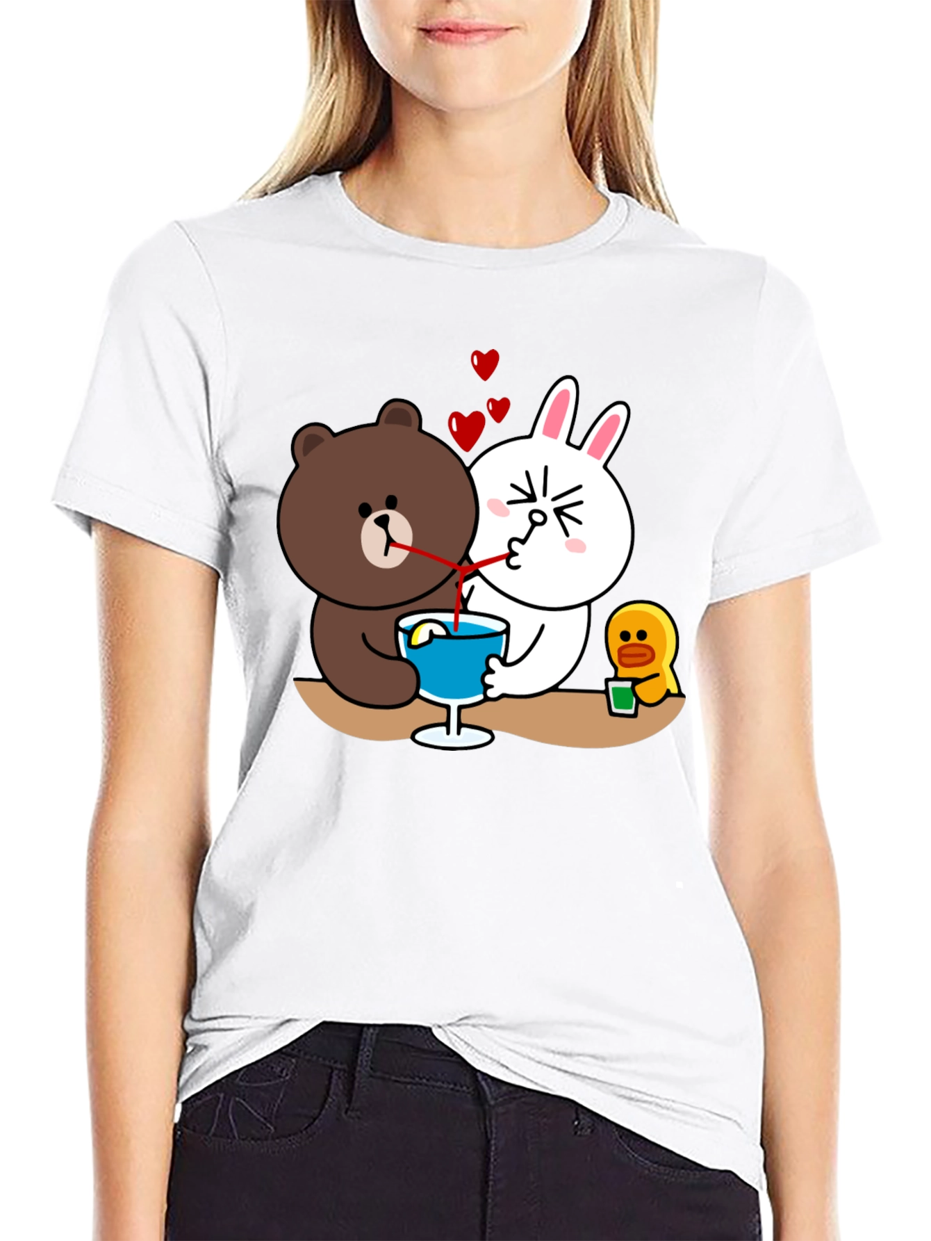 Black Cartoon Graphic Tee: Bear & Bunny Sharing Drink view 9