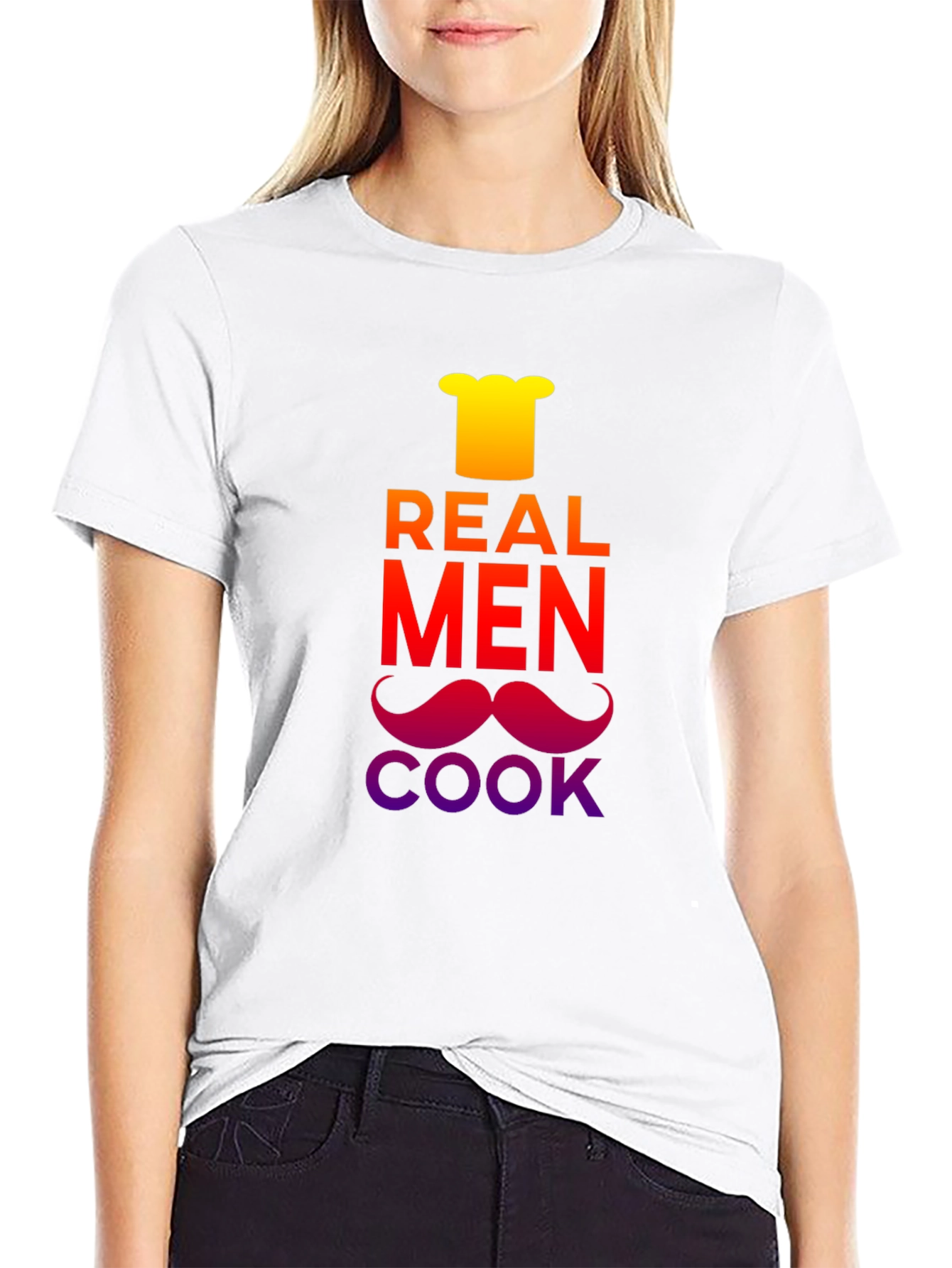 Black Real Men Cook T-Shirt - Chef's Hat & Moustache Design view 9
