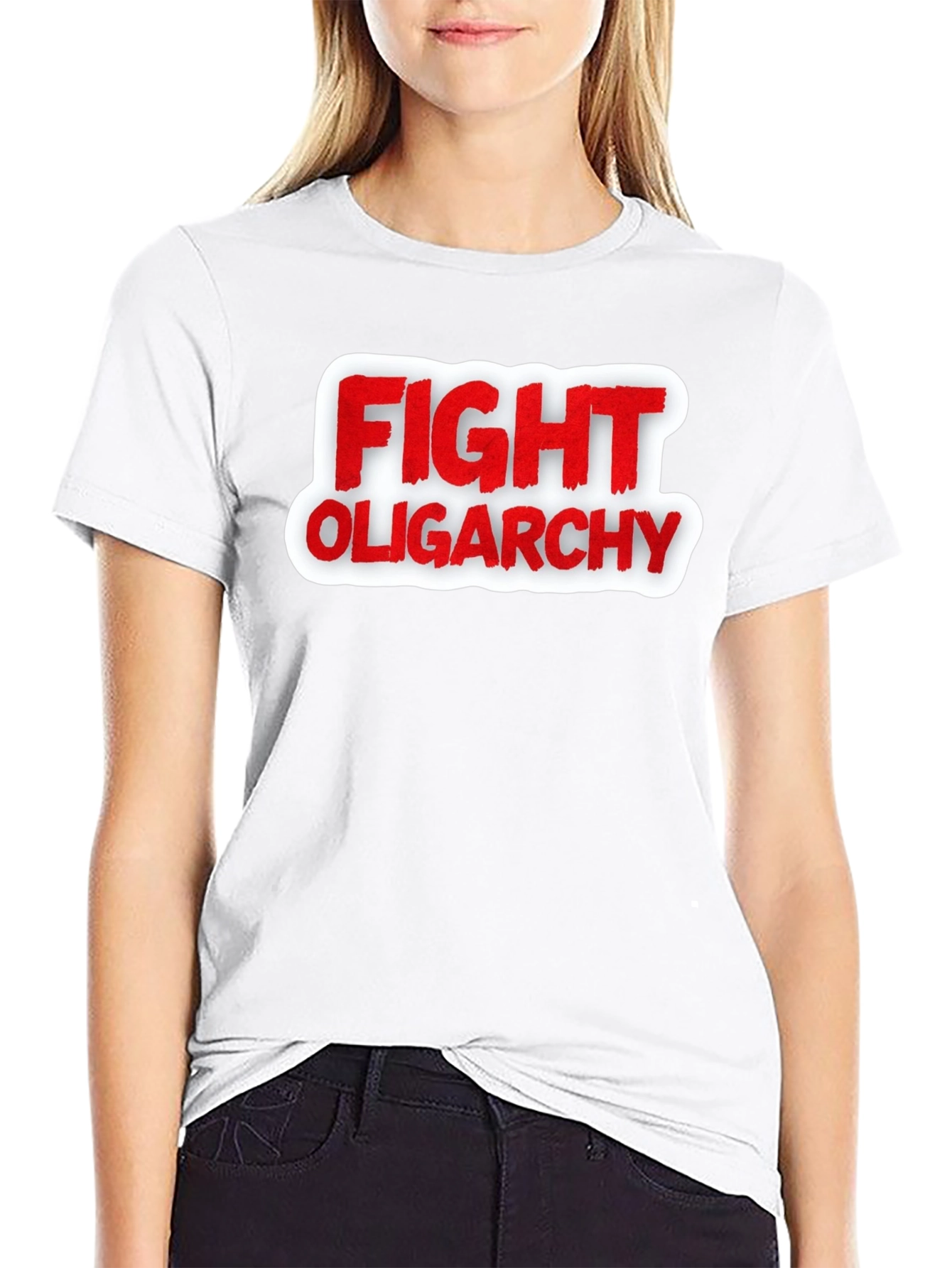 Black Fight Oligarchy T-Shirt - Red and White Graphic Tee view 9
