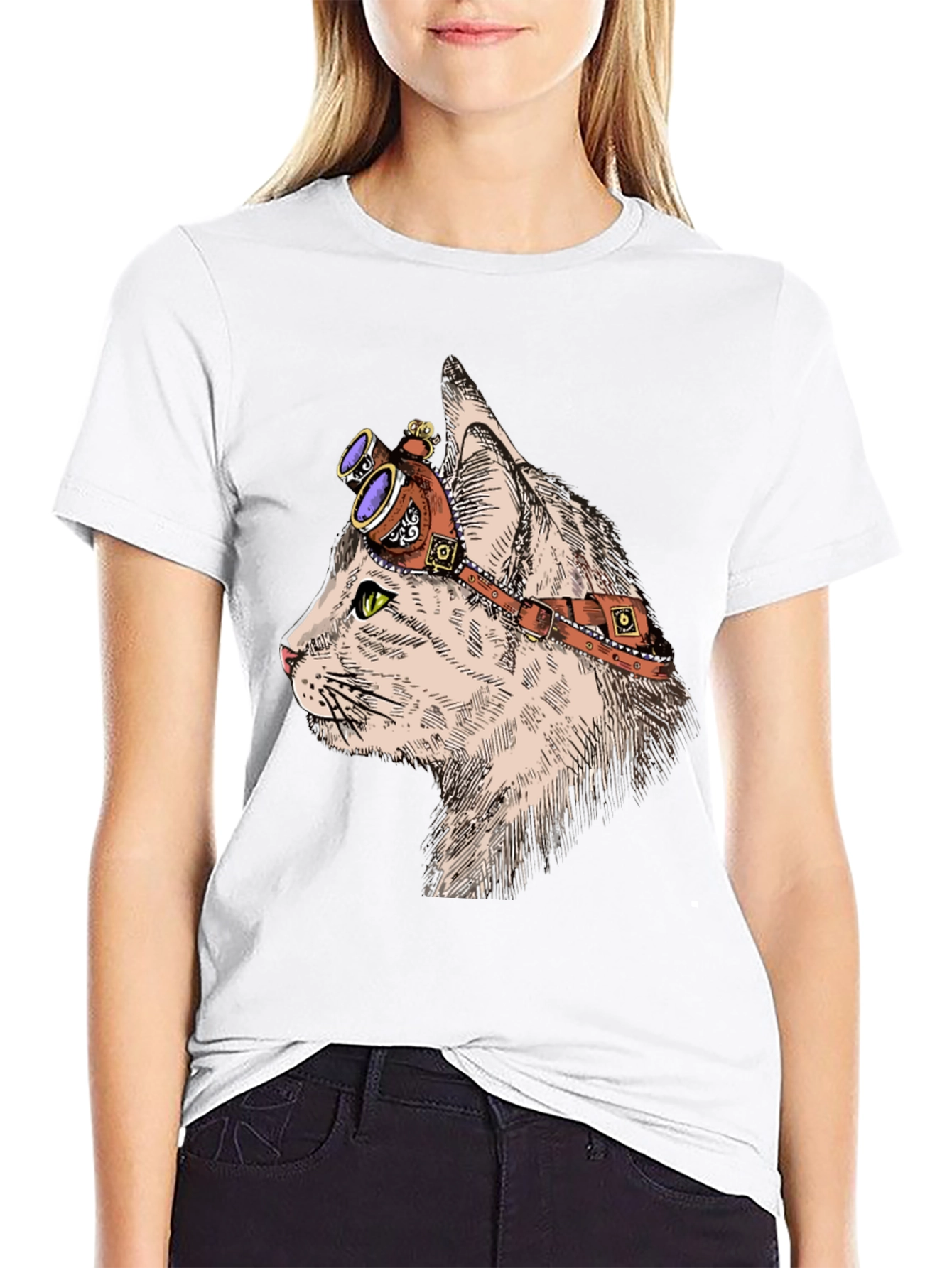 Black Steampunk Cat T-Shirt: Cool Feline with Goggles view 9