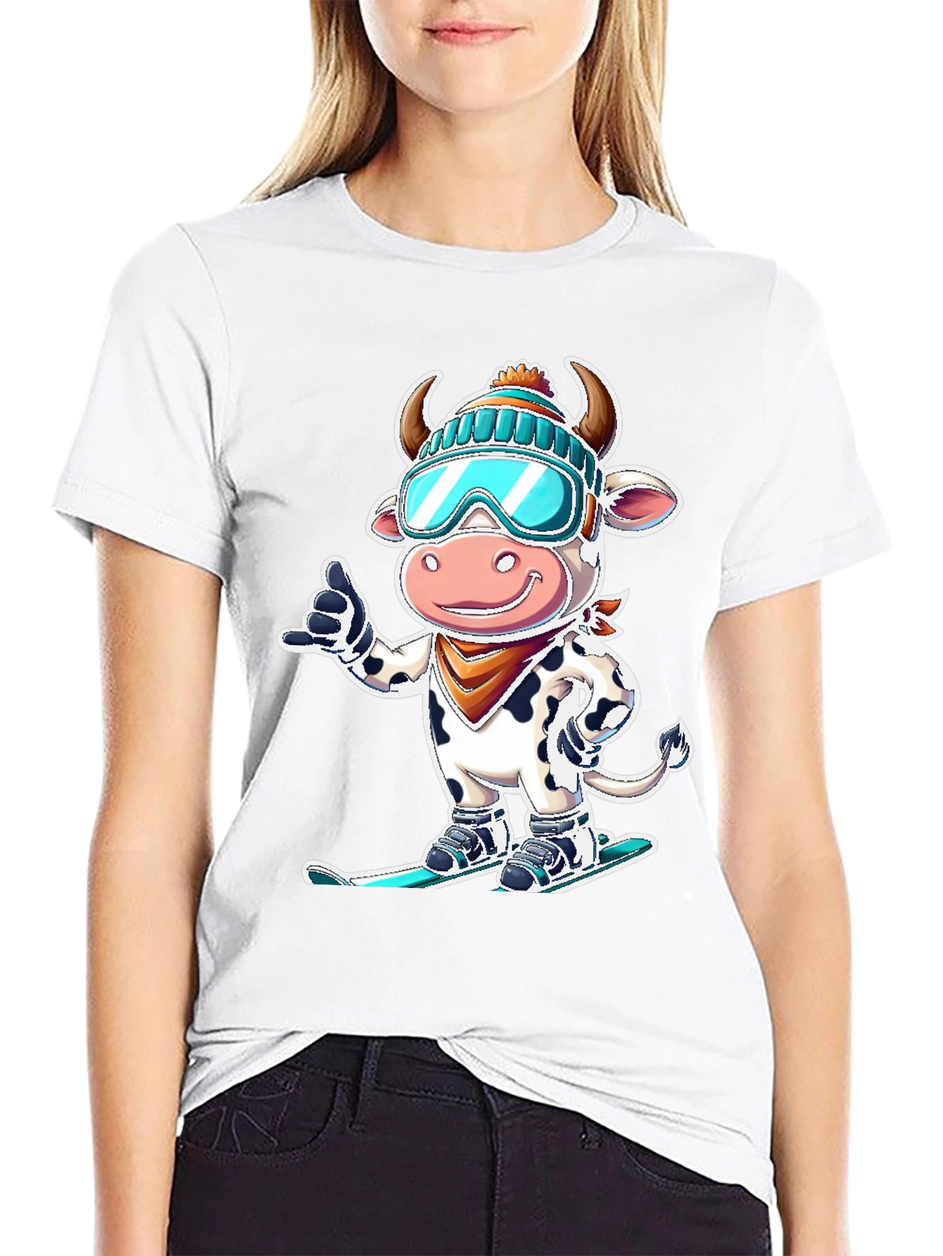 Black Skiing Cow Graphic Tee - Fun Winter T-Shirt view 9