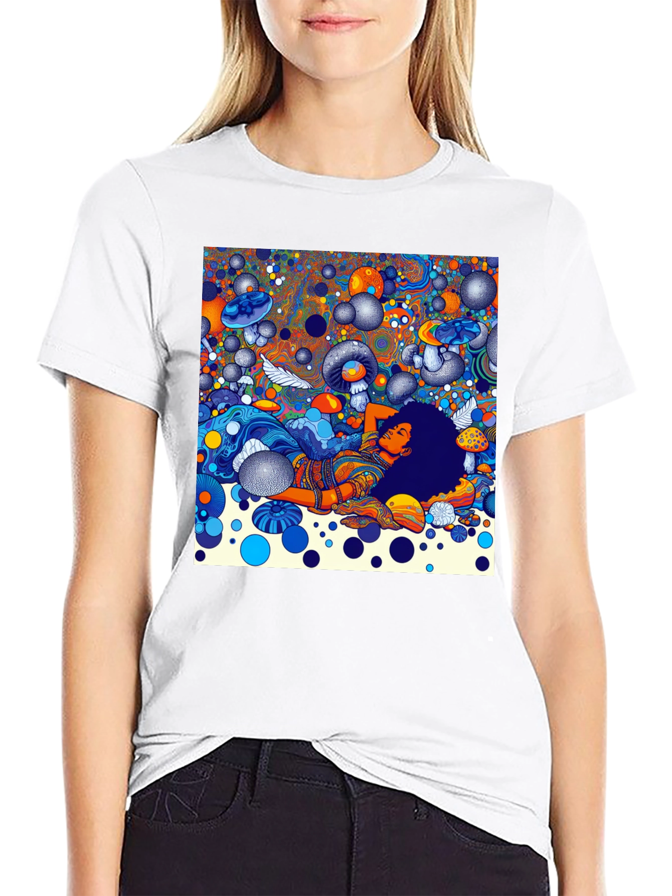 Black Psychedelic Dream T-Shirt - Colorful Mushroom Scene view 9