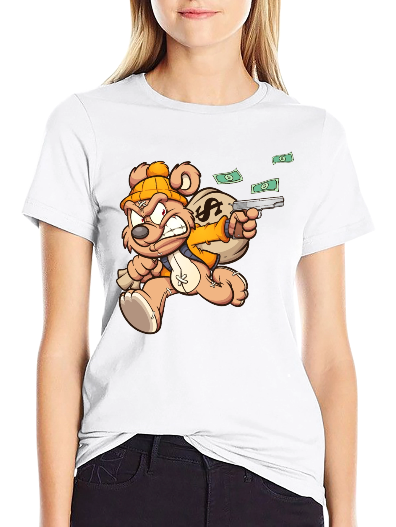 Black Cartoon Teddy Bear with Gun T-Shirt view 9