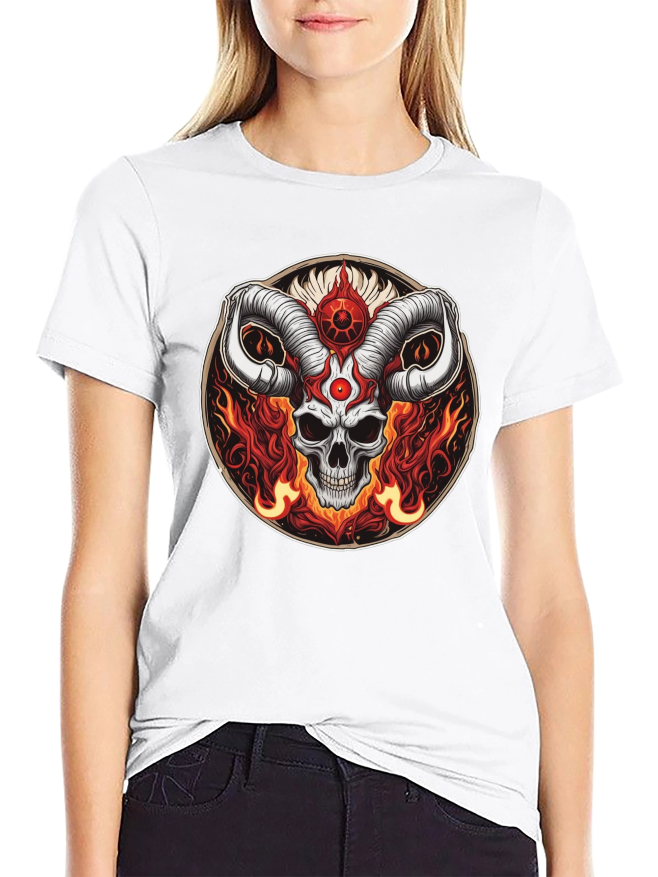 Black Skull Horns Fire Graphic Tee - Black Cotton Shirt view 9