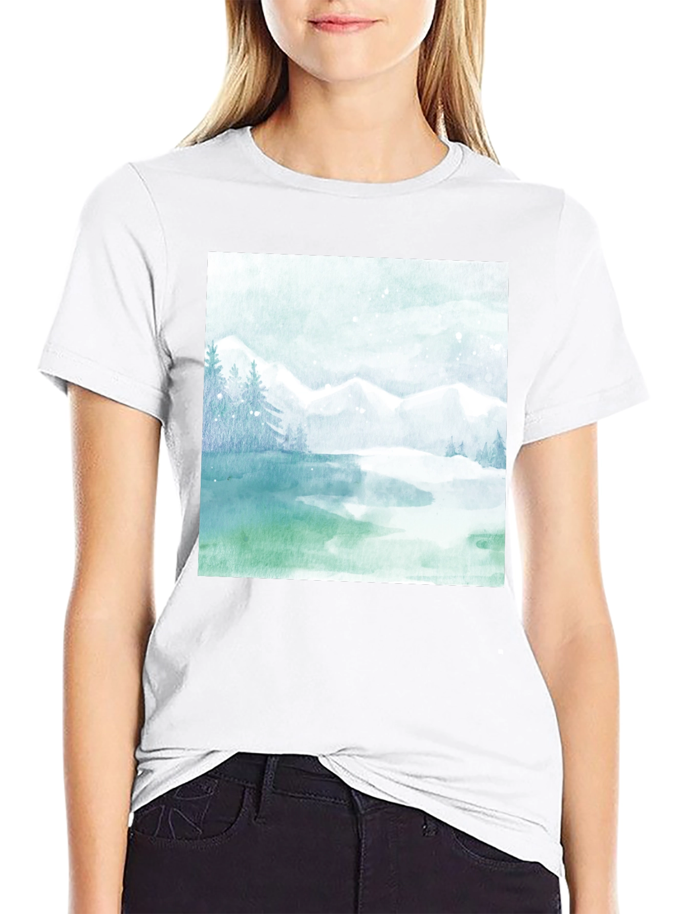 Black Watercolor Mountain Lake Graphic Tee view 9