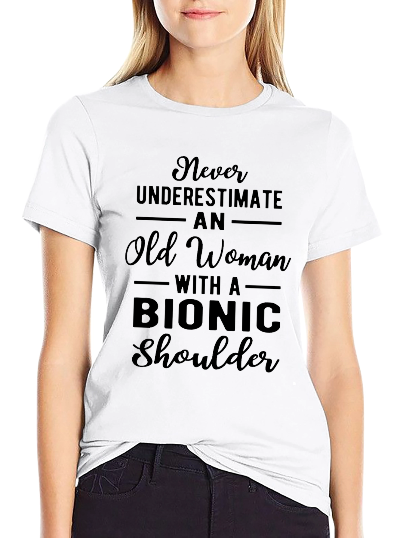 Black Bionic Shoulder Old Woman Graphic T-Shirt view 9