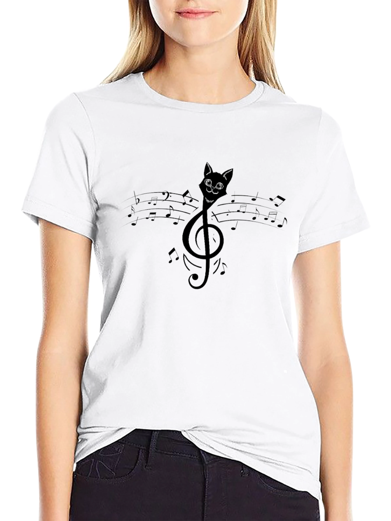 Black Musical Cat T-Shirt - Treble Clef Cat view 9